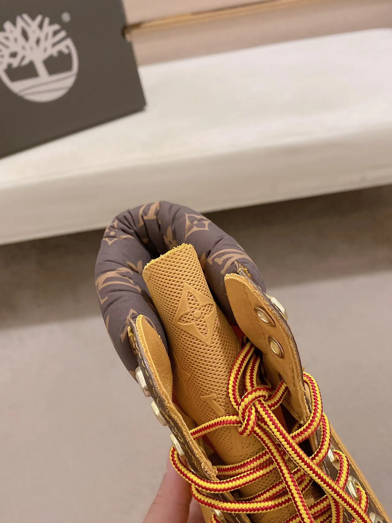 Timberland Yellow Brown Monogrammed Canvas Perforated Textile Upper Work Boots