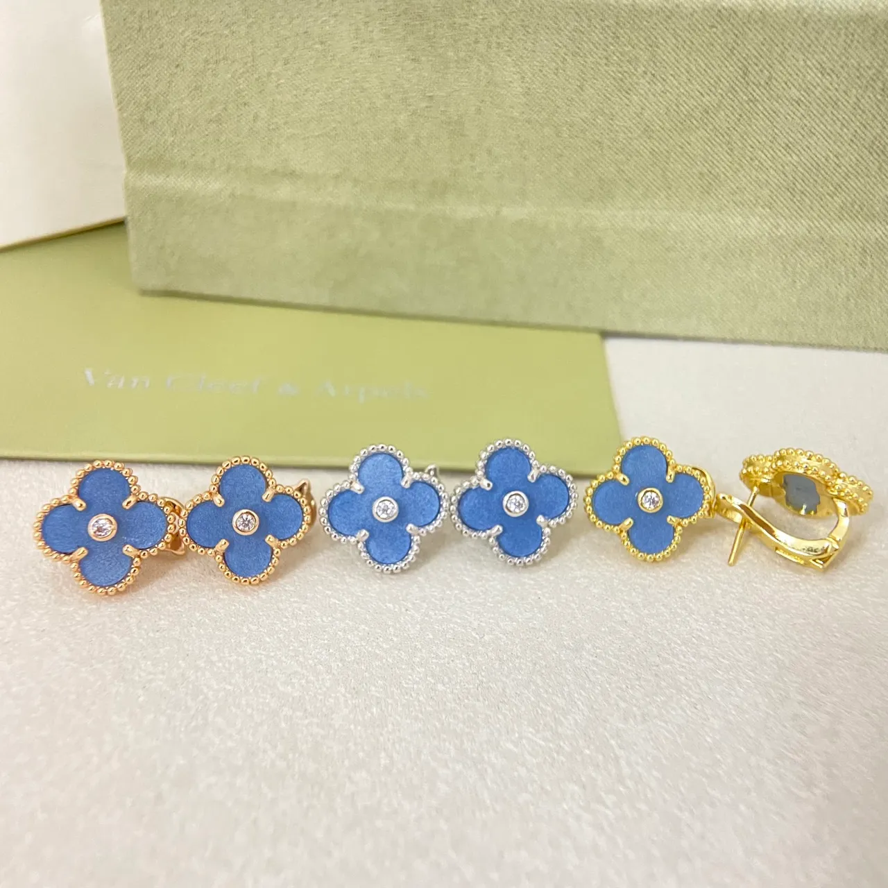 Van Cleef & Arpels Alhambra Blue Enamel and Diamond Four-Leaf Clover Earrings