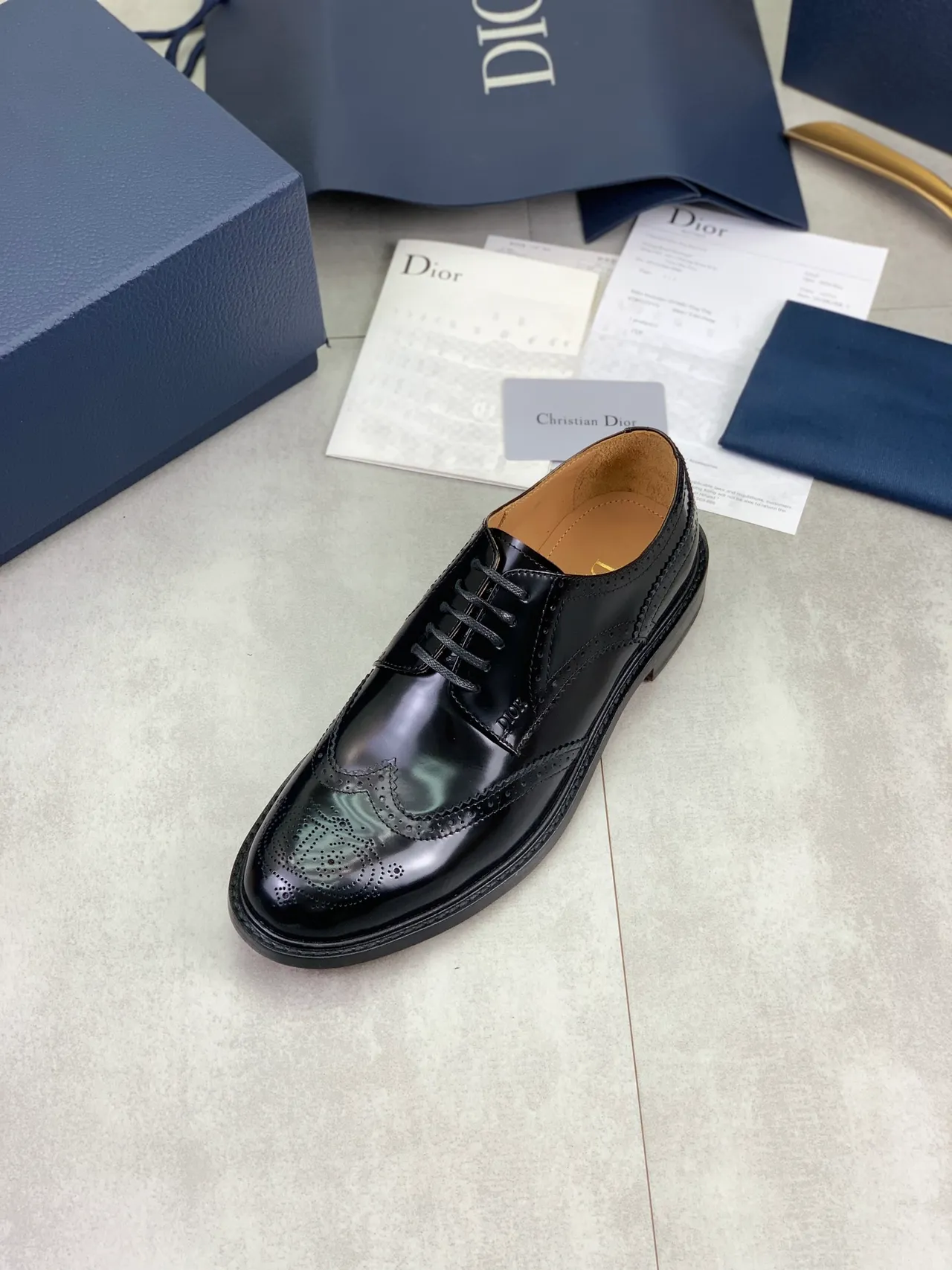 Dior Black Brown Glossy Leather Wingtip Brogue