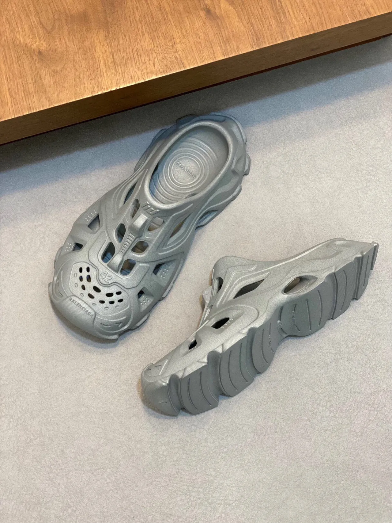 Balenciaga Defender Gray Molded Monochrome Geometric Cutout Clog