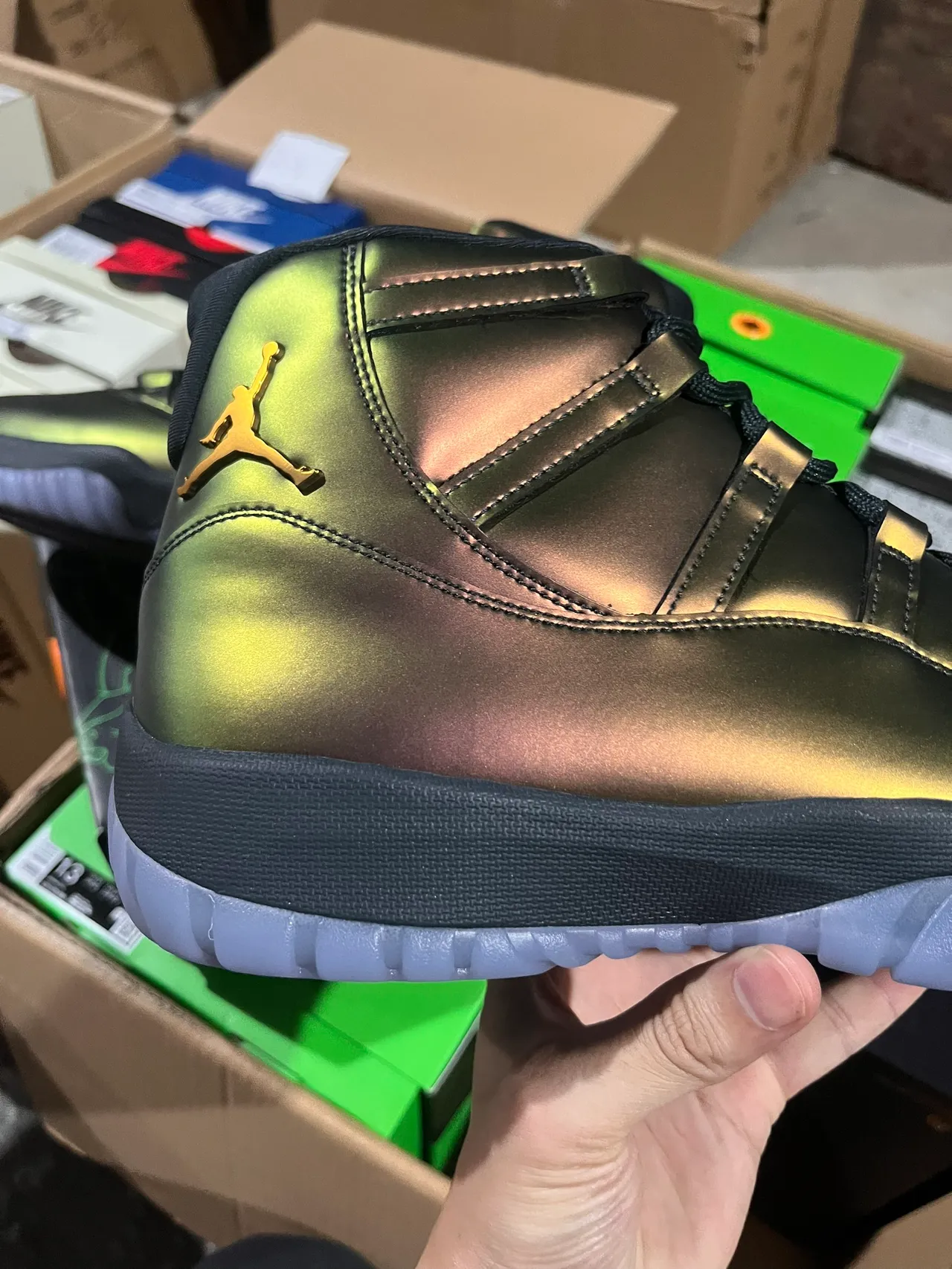 Air Jordan 11 Metallic Green-Gold High-Top Basketball Shoes