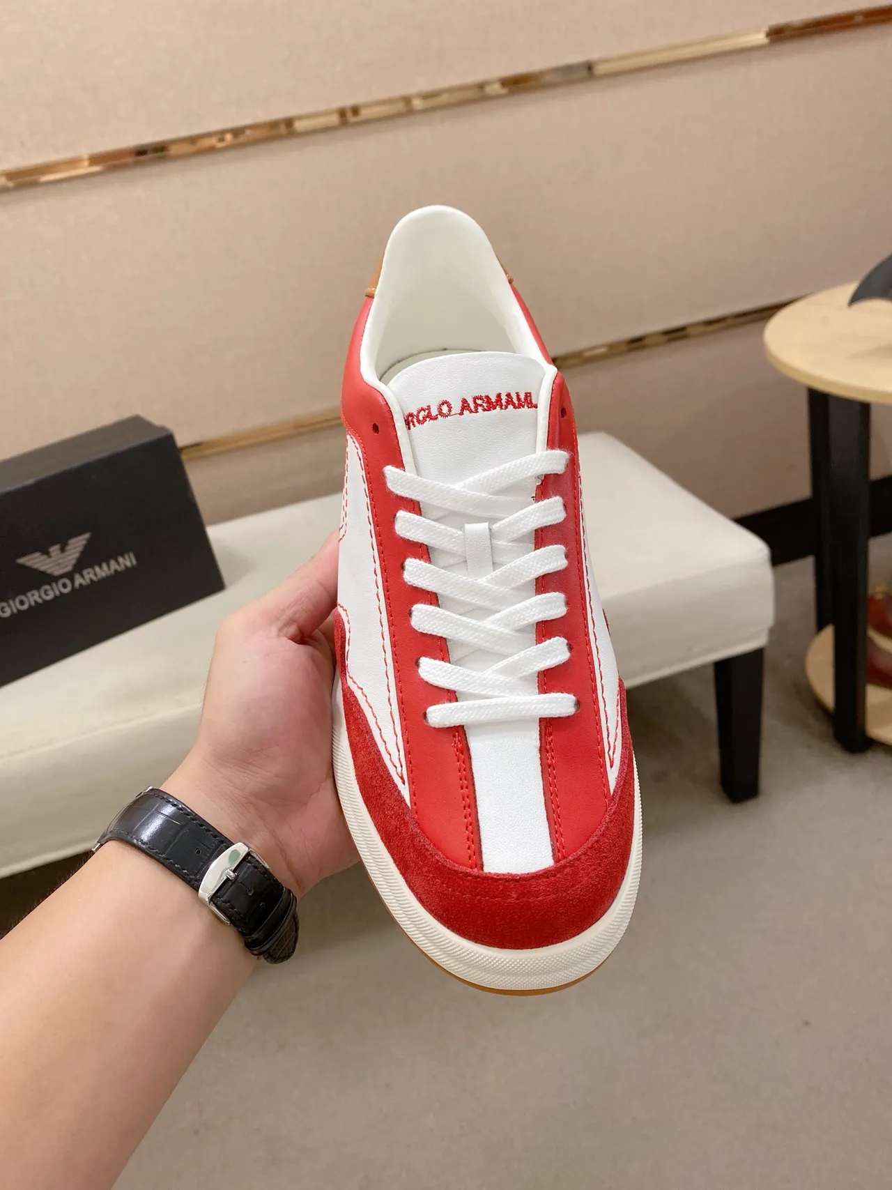 Emporio Armani Red and White Color-Blocked Suede Leather Sneaker