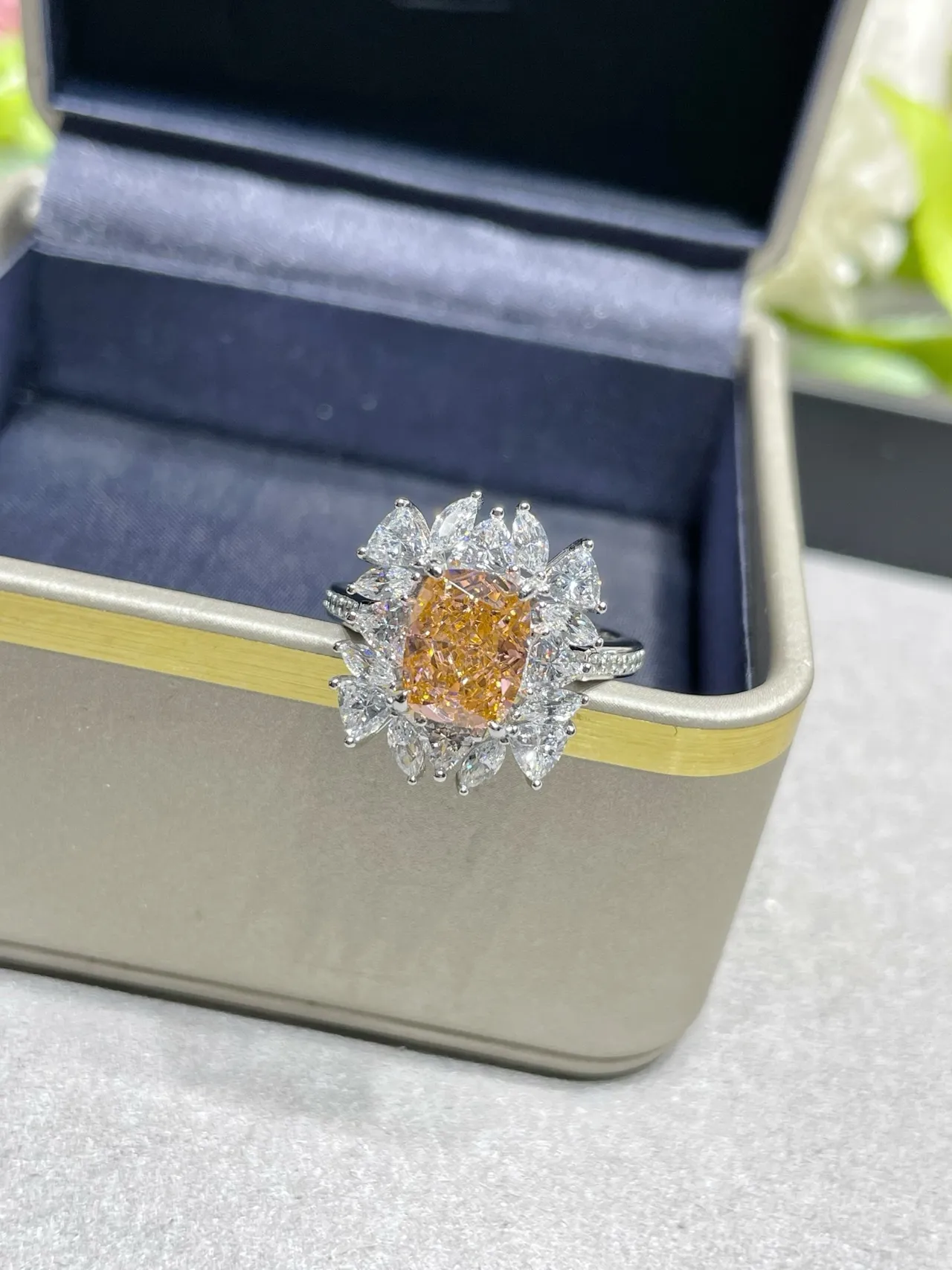 Orange Silver Floral Halo Setting Cushion-Cut Center Ring