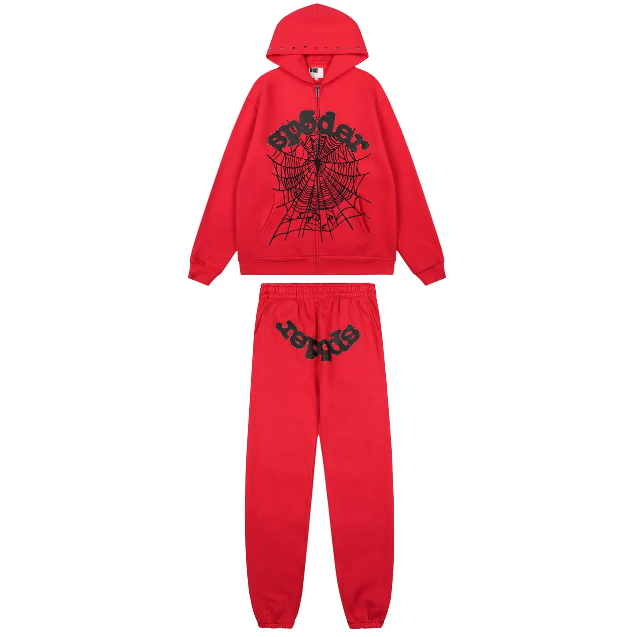 Red Spiderweb Graphic Zip-Up Hoodie and Jogger Pants Tracksuit