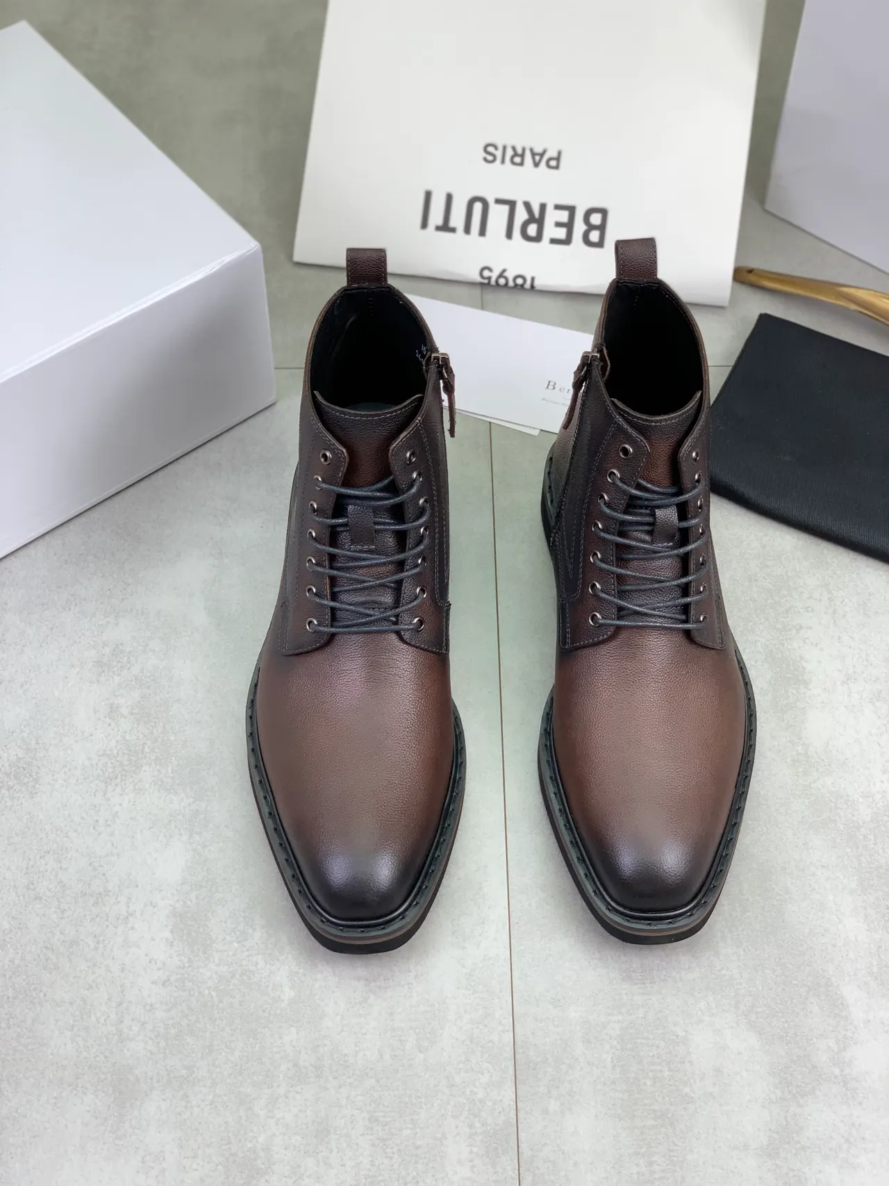 Berluti Brown Leather Lace-Up Side-Zip Ankle Boots