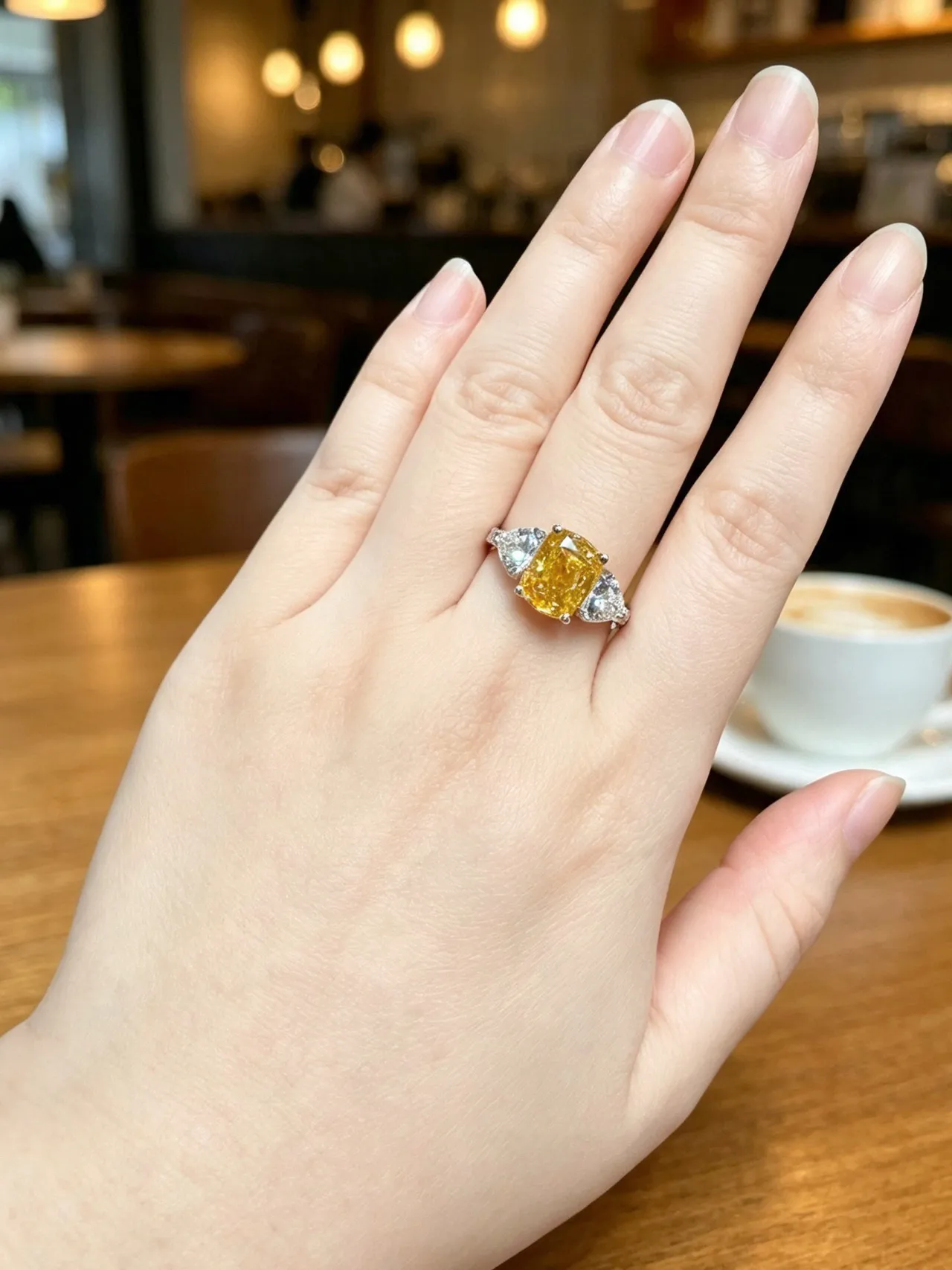 Three-Stone Cushion-Cut Yellow and White Gem Ring