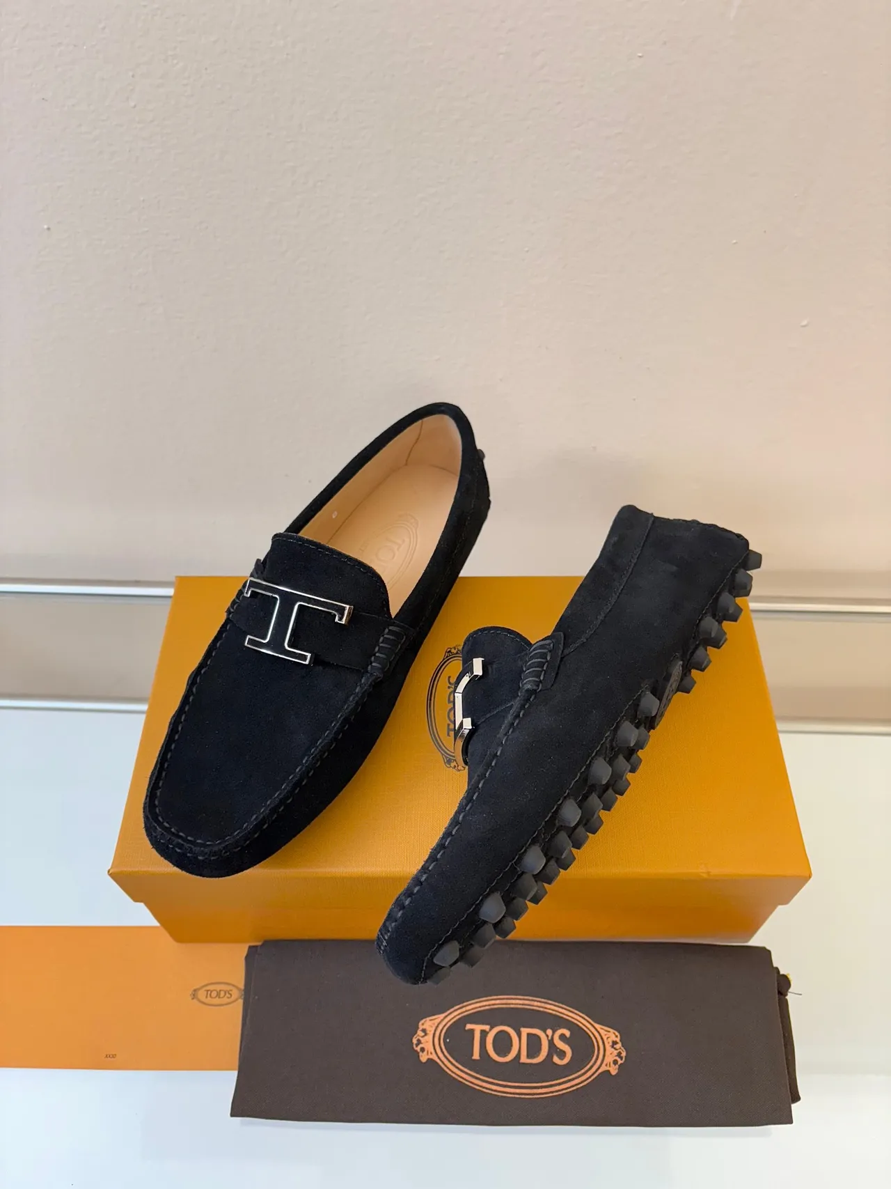 Tod's Gommino Loafer Black Suede Metal T Buckle Loafers