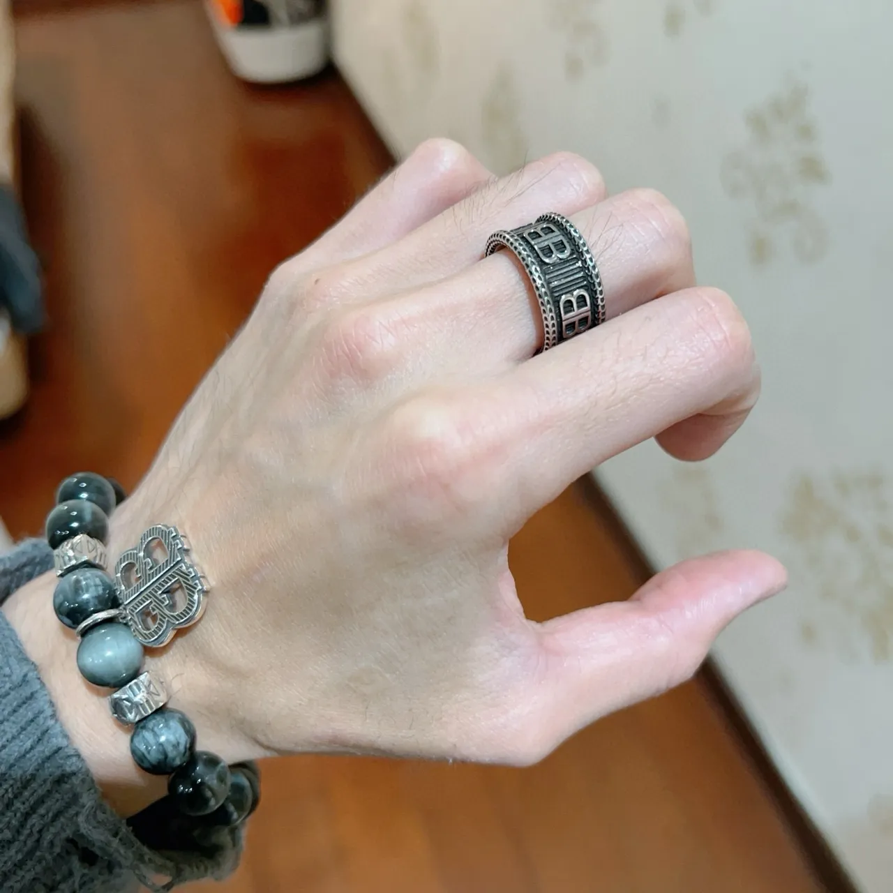 Balenciaga BB Ring Silver and Black Enamel Wide Band Ring