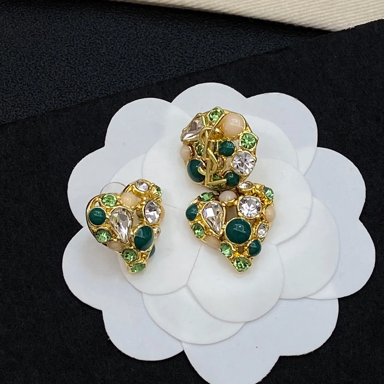 Chanel Green Gold Heart-Shaped Cluster-Set Earrings