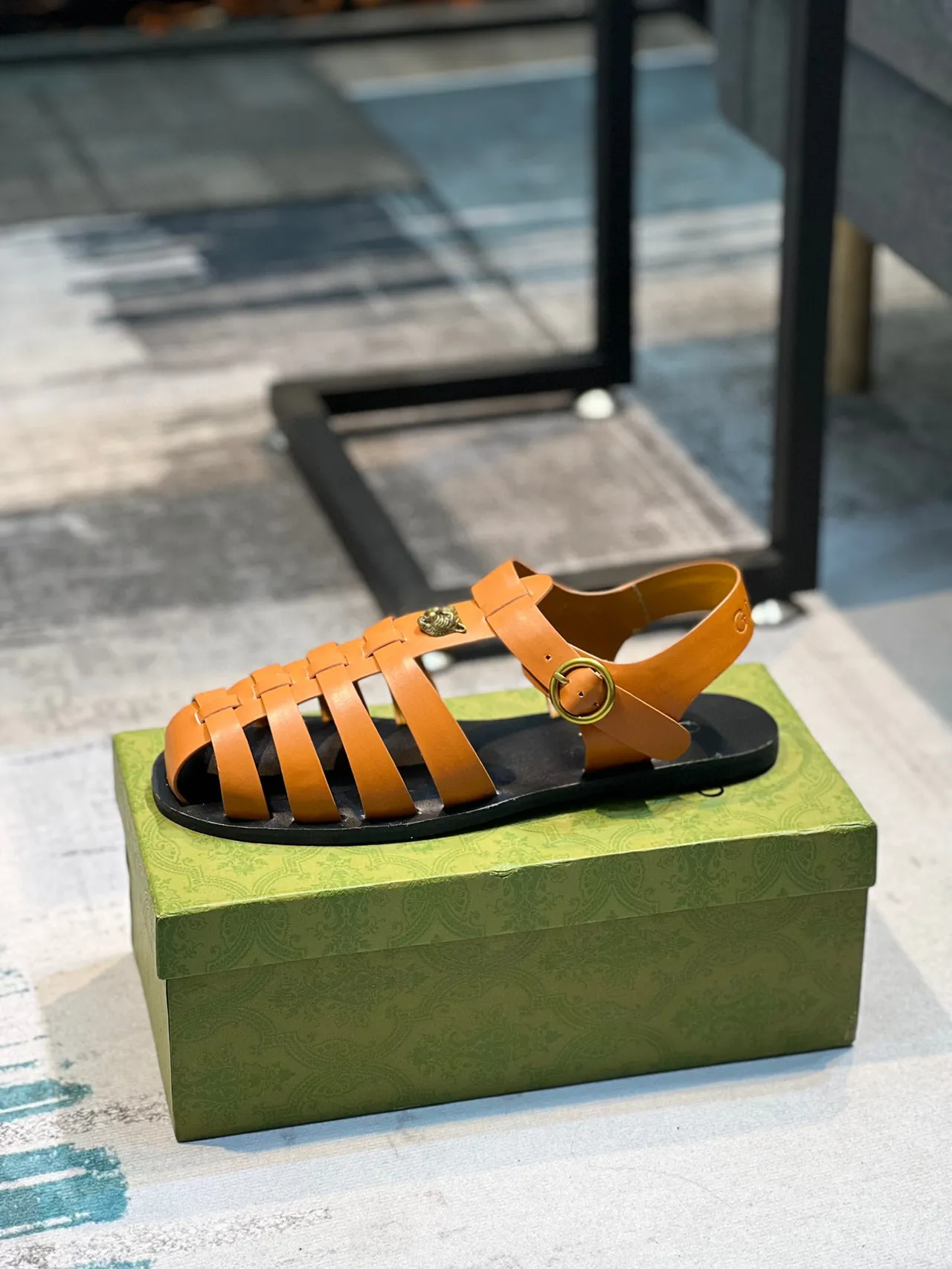 Gucci Orange Black Woven Leather Straps Tiger-Head Medallion Gladiator Sandals