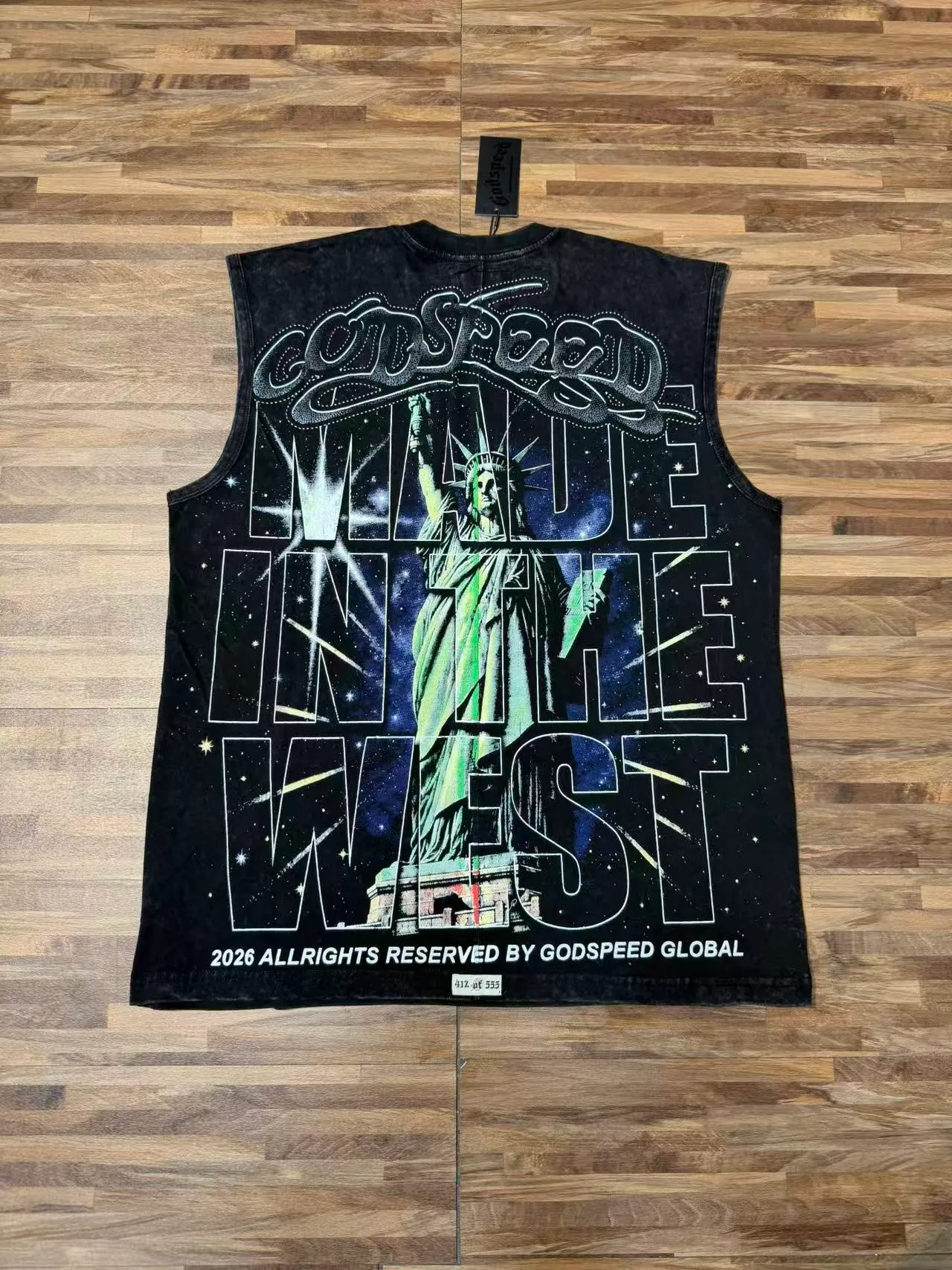 Godspeed Graphic-Print Acid-Wash Black Vest Top