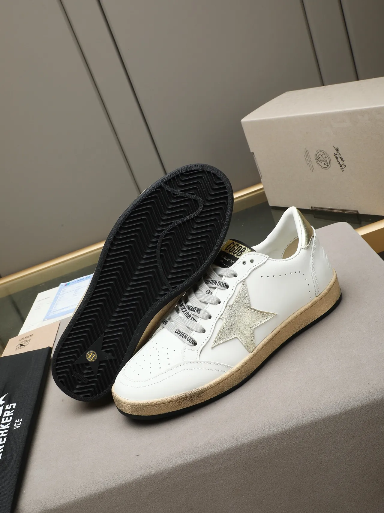 Golden Goose Ball Star White Leather Metallic Star Lifestyle Sneakers