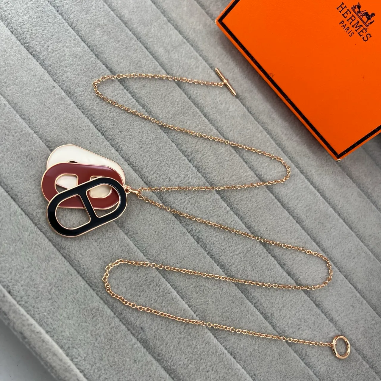 Hermès Burgundy Black Enamel Layered Pendant Gold-Tone And Chain Necklace