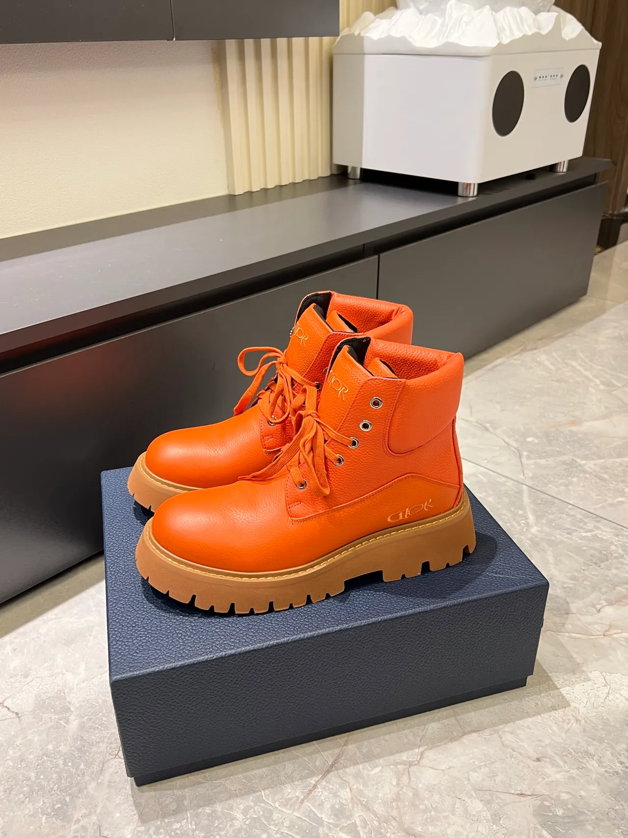Dior Orange Beige Chunky Lug Sole Padded Collar Ankle Boots