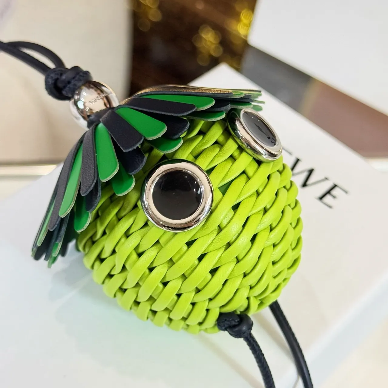 Loewe Green Black Woven Lime Sphere Fringed Cap Handbag