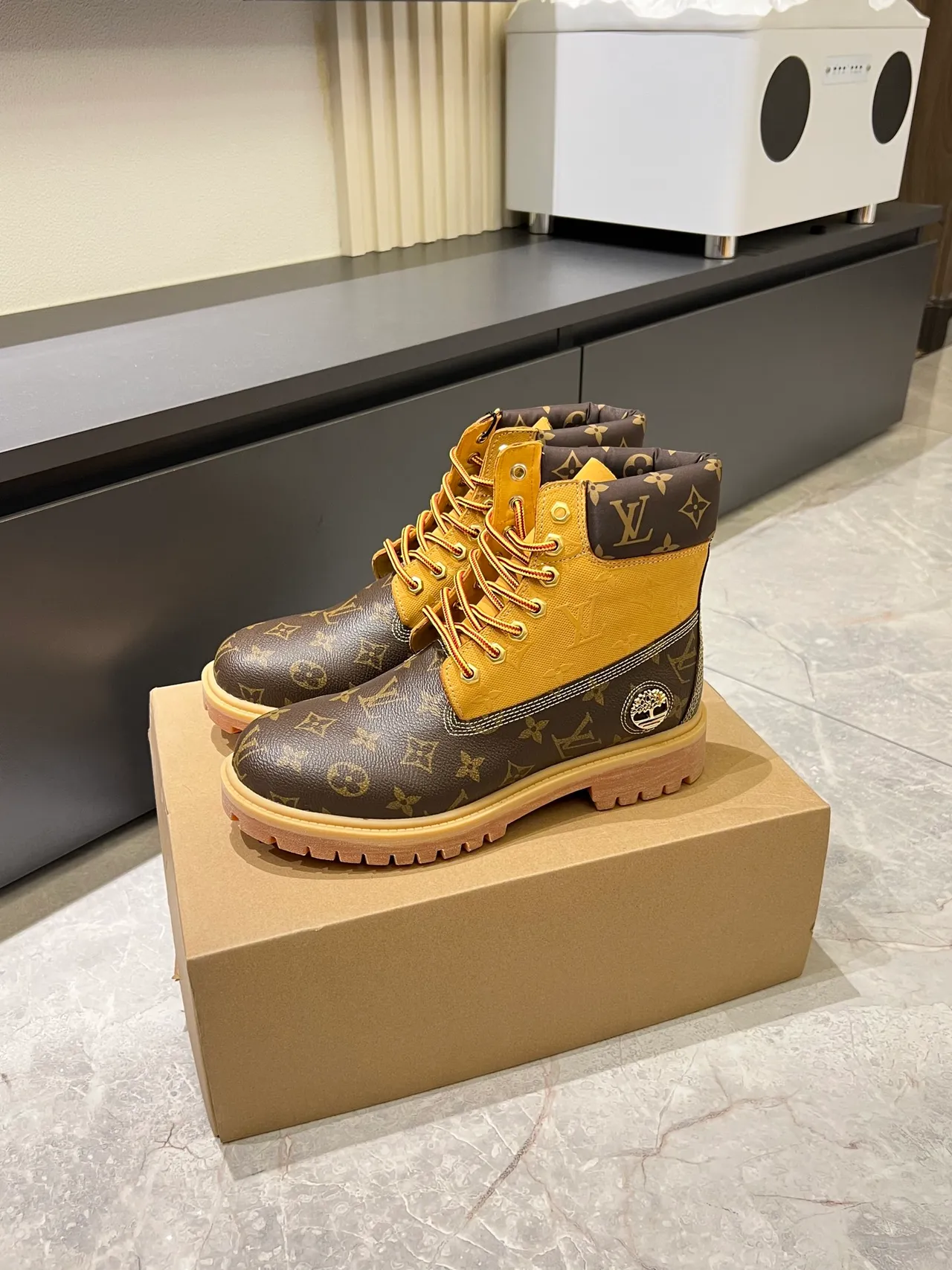 Timberland Premium 6-Inch Monogram Canvas and Yellow Work Boots