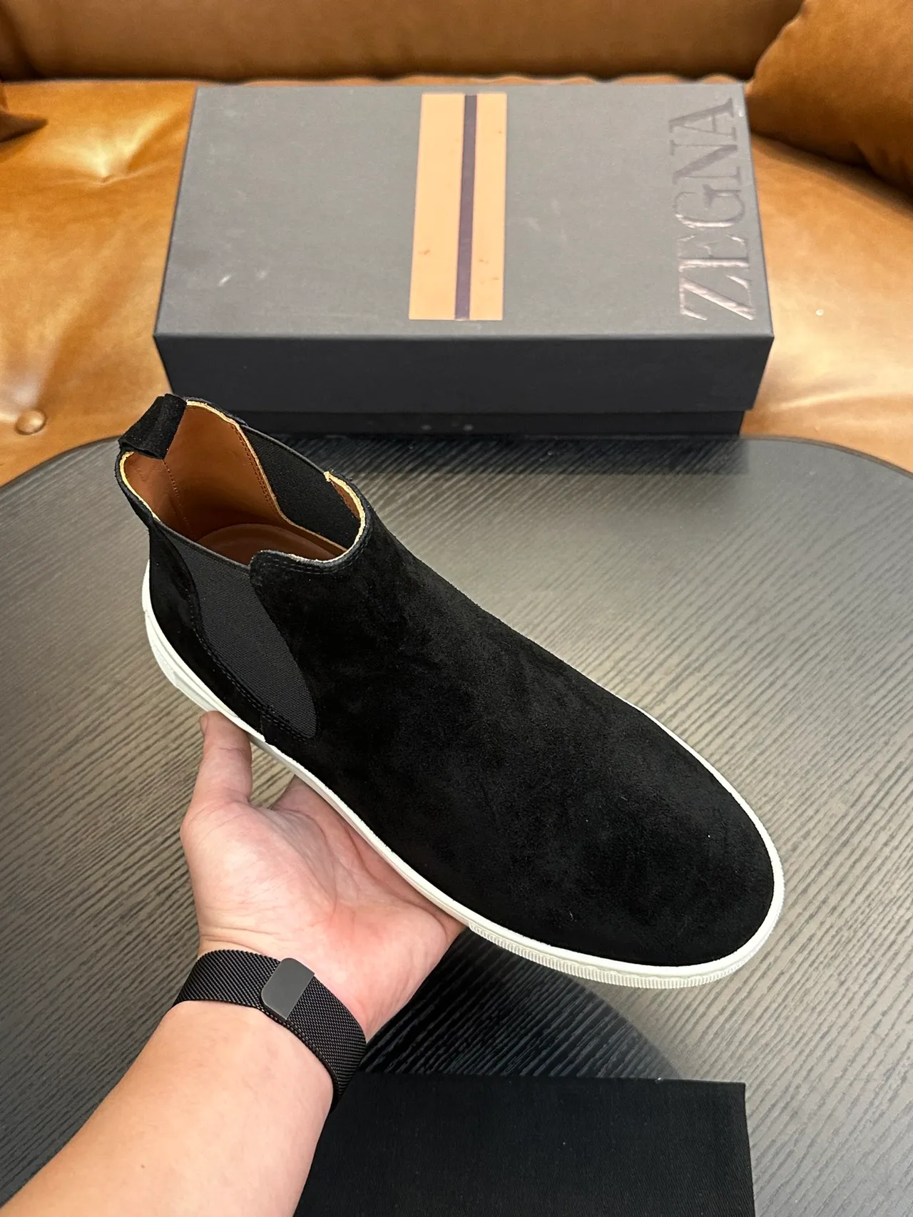 Zegna Black White Suede Upper Elastic Side Gussets Chelsea Boots