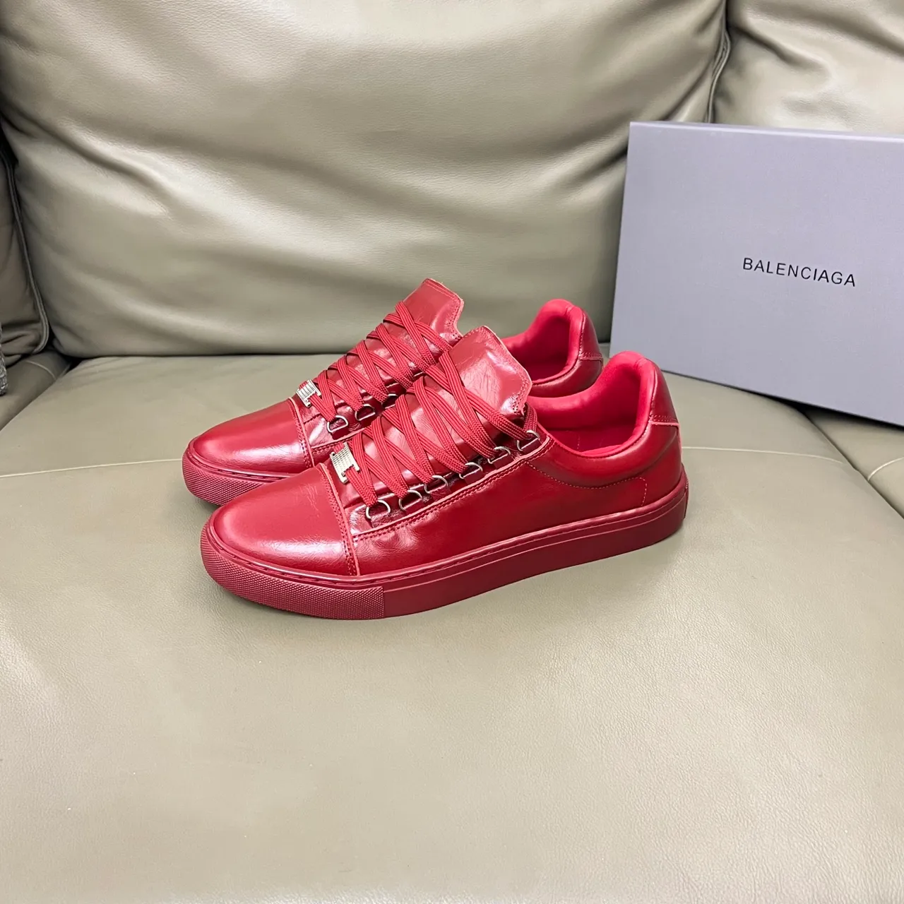 Balenciaga Red Leather Low-Top Lifestyle Sneakers