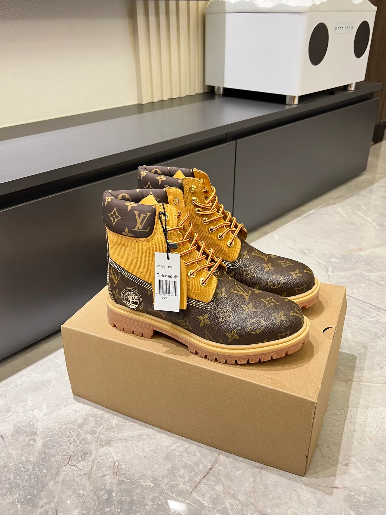 Timberland Premium 6-Inch Monogram Canvas and Yellow Work Boots