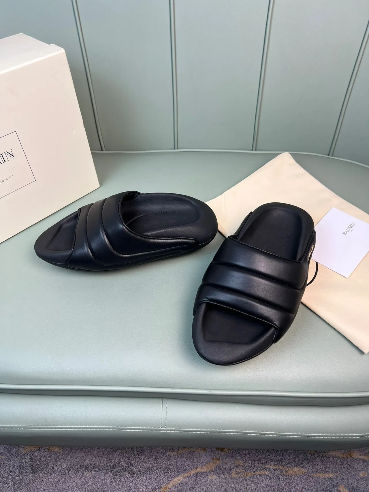Balmain B-Court Black Gold Padded Strap Molded Sole Slippers