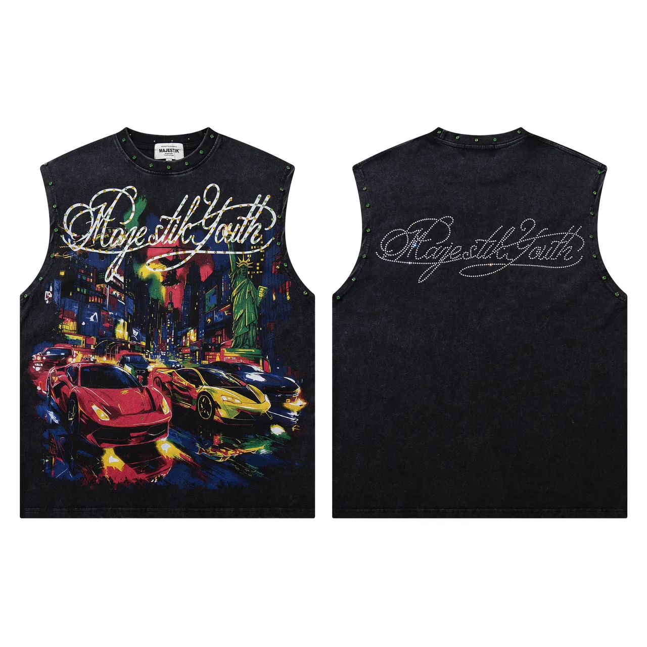 MAJESTIK Graphic-Print Studded Acid-Wash Black Denim Vest Top