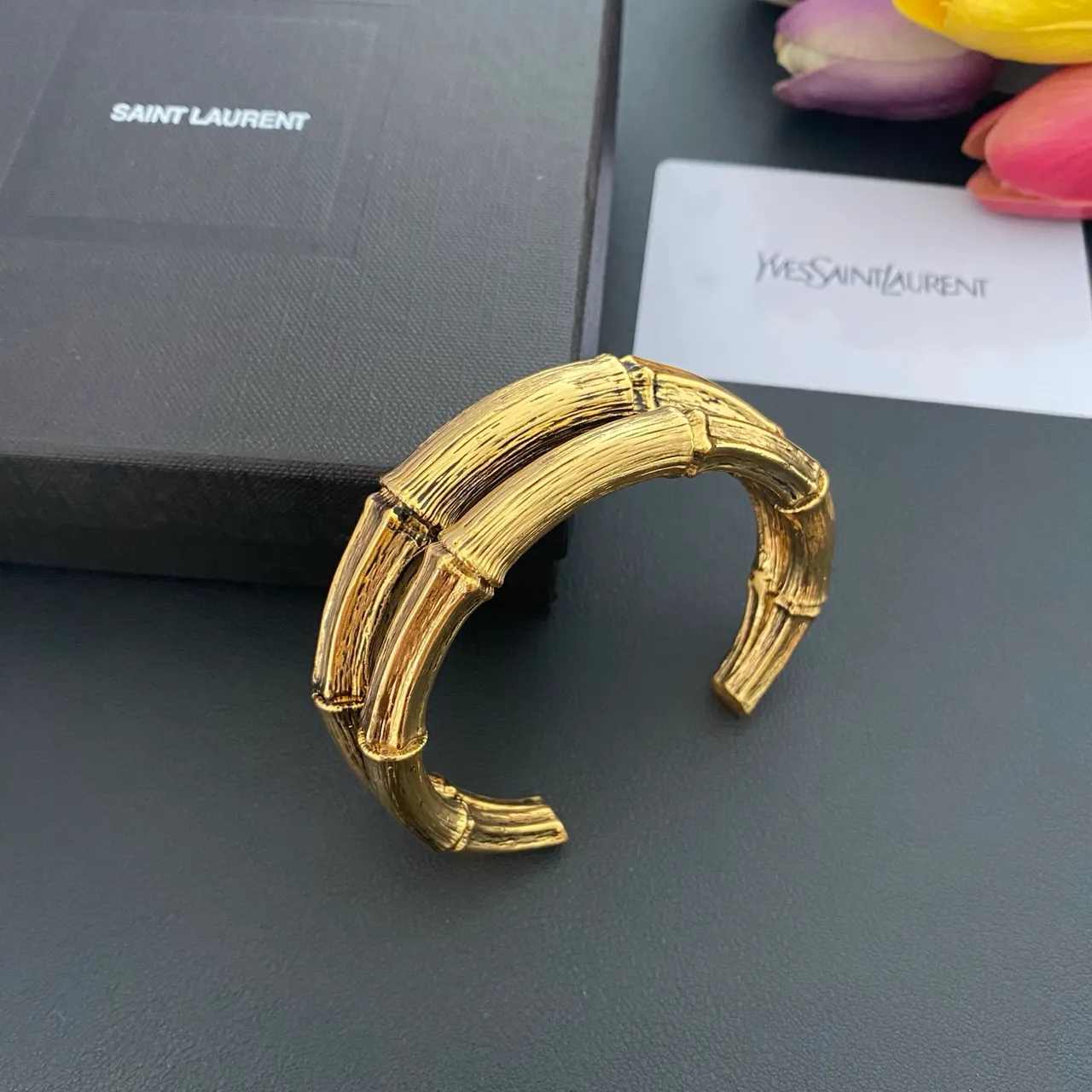 Saint Laurent Bamboo Open Cuff Gold Bracelet