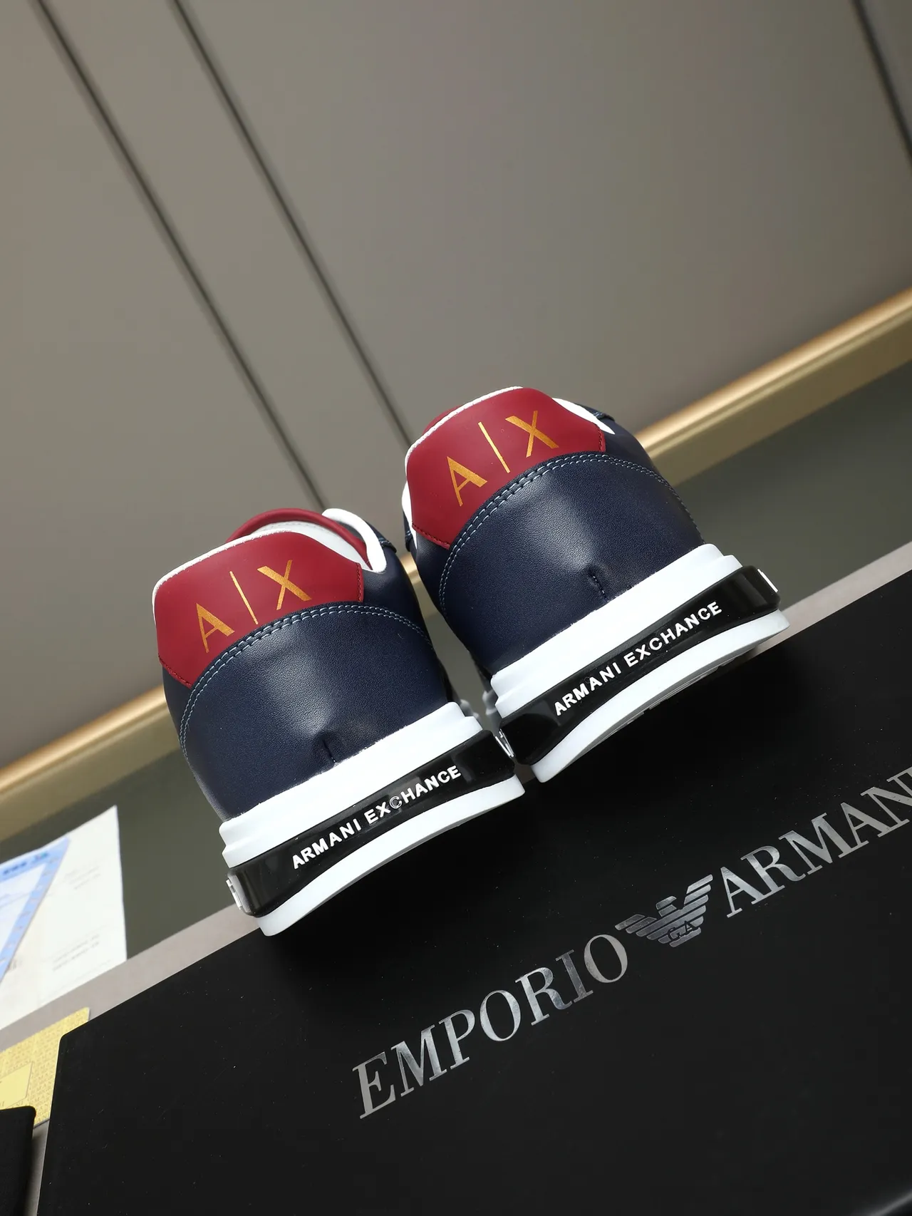 Armani Exchange Navy and Red Side Stripe Leather Sneaker