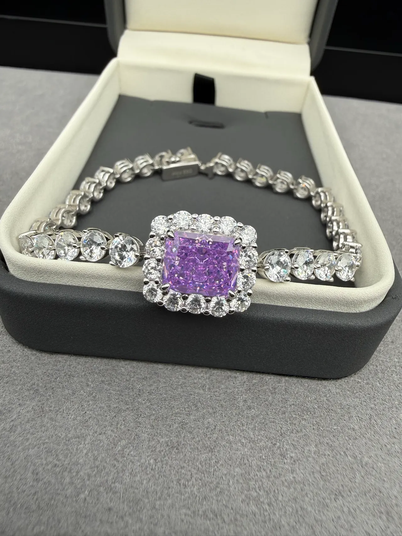 Purple Silver Square-Cut Central Gemstone Halo Setting Bracelet