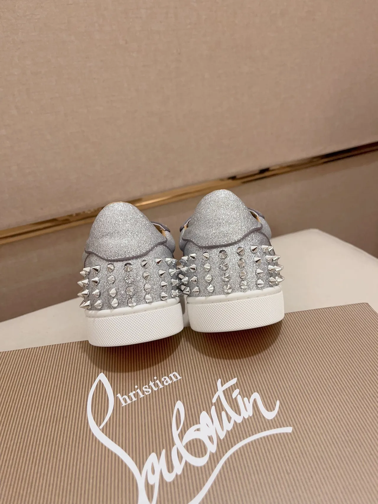 Christian Louboutin Louis Spikes Silver Glitter Spike-Embellished Lifestyle Sneakers