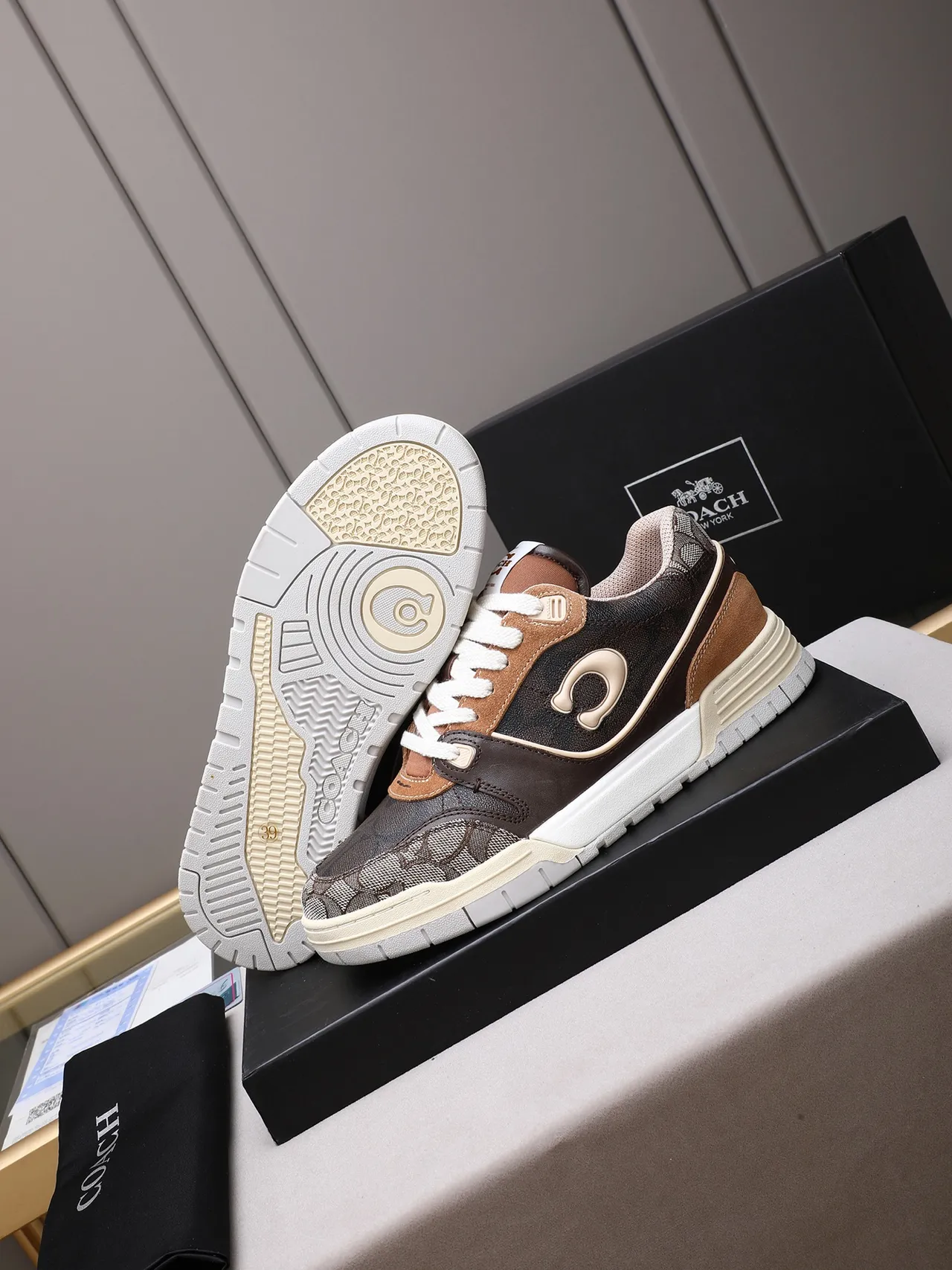 Coach Brown Beige Mixed-Material Upper Embossed C Logo Sneakers