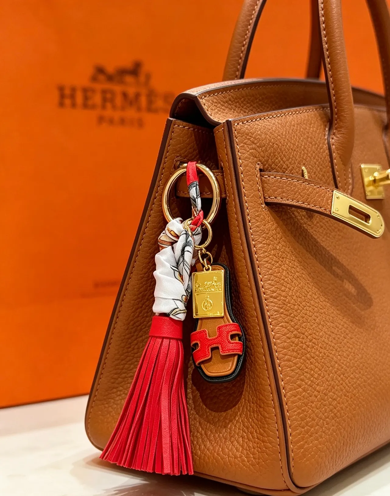 Hermès Oran Red Brown H-Shaped Leather Motif Silk Scarf Knot Handbag