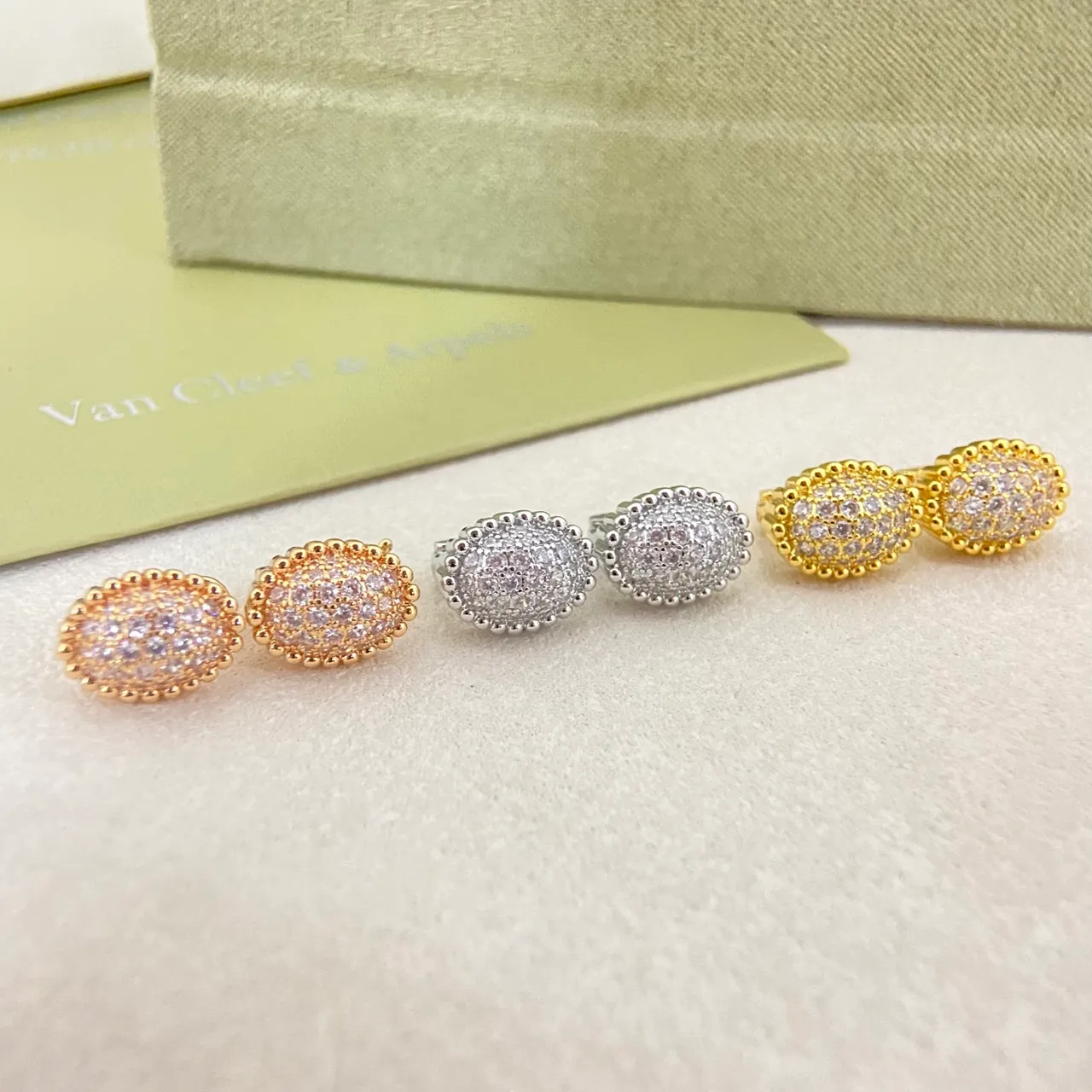Van Cleef & Arpels Gold Silver Oval Pavé Studs Beaded Border Edge Earrings