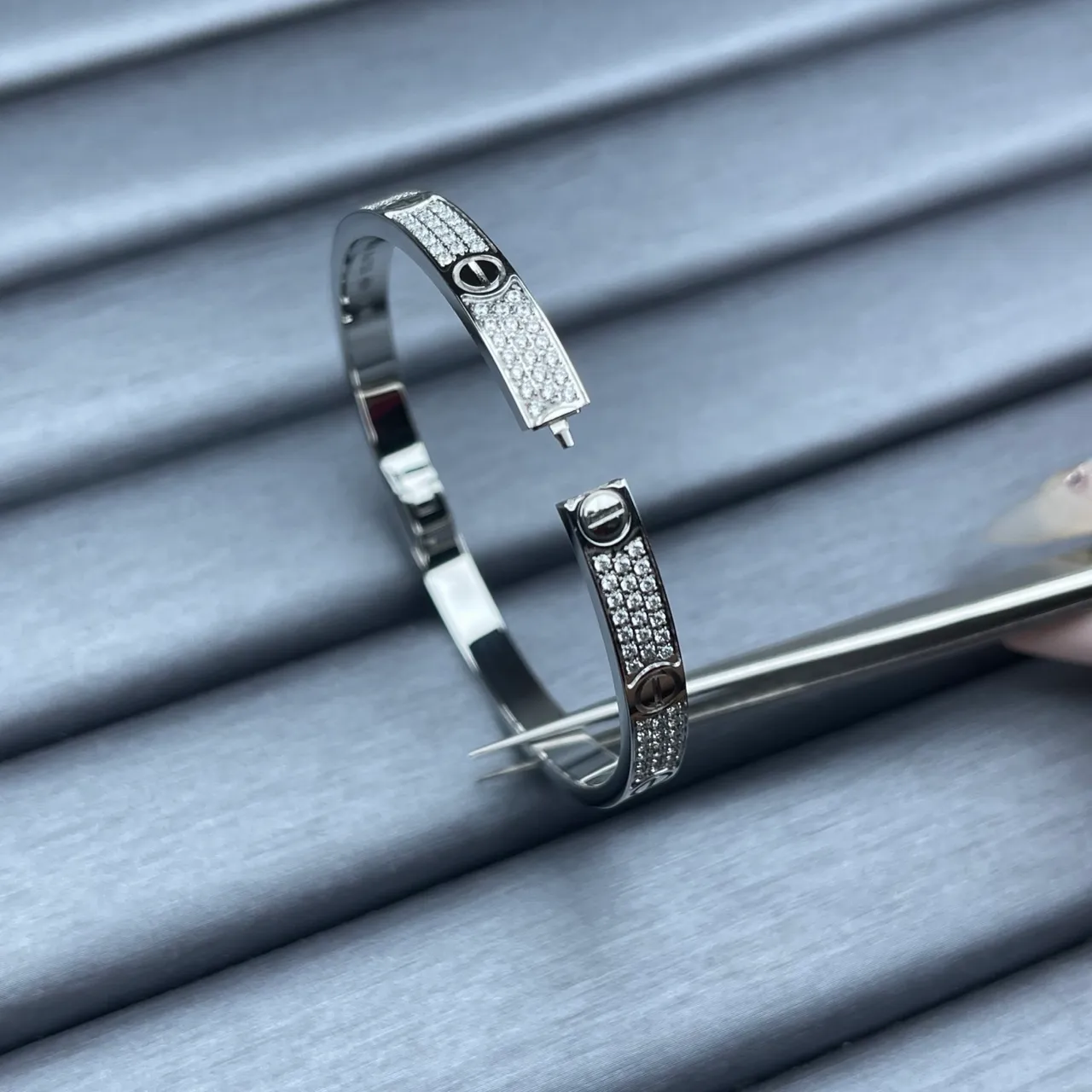 Cartier Love Silver Gold Hinged Bangle Pavé-Set Stones Bracelet