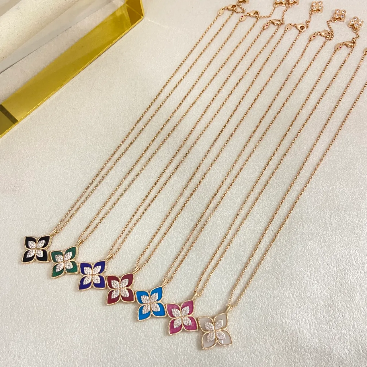 Floral Quatrefoil Enamel and Crystal Pendant Necklaces