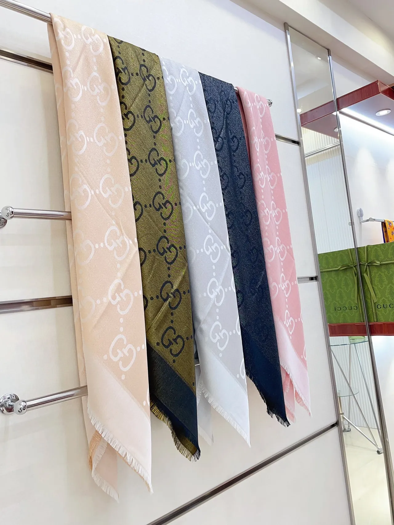 Gucci Monogram-Printed Light Gray Silk Scarf