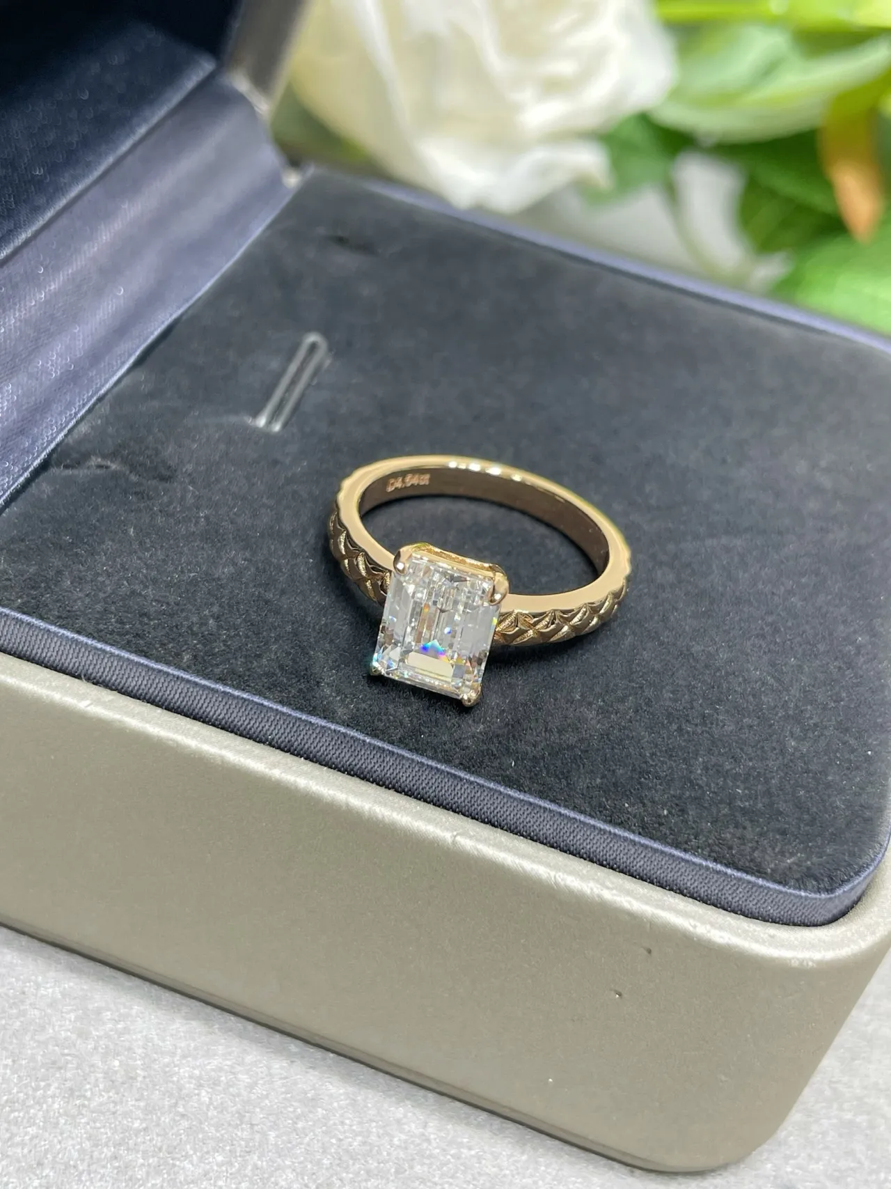 Gold Silver Emerald-Cut Stone Textured Braided Band Ring