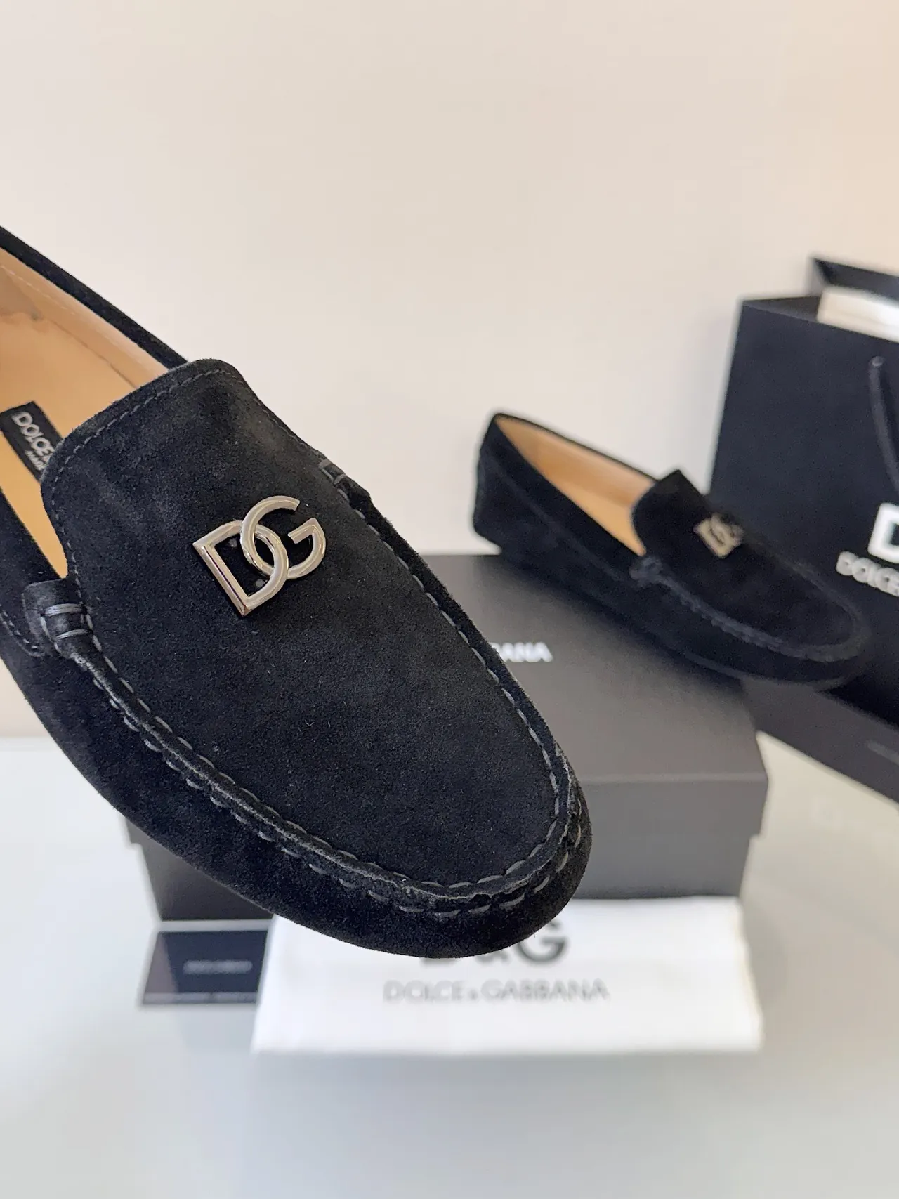 Dolce & Gabbana Portofino Black Beige Suede Upper Metal DG Buckle Loafer