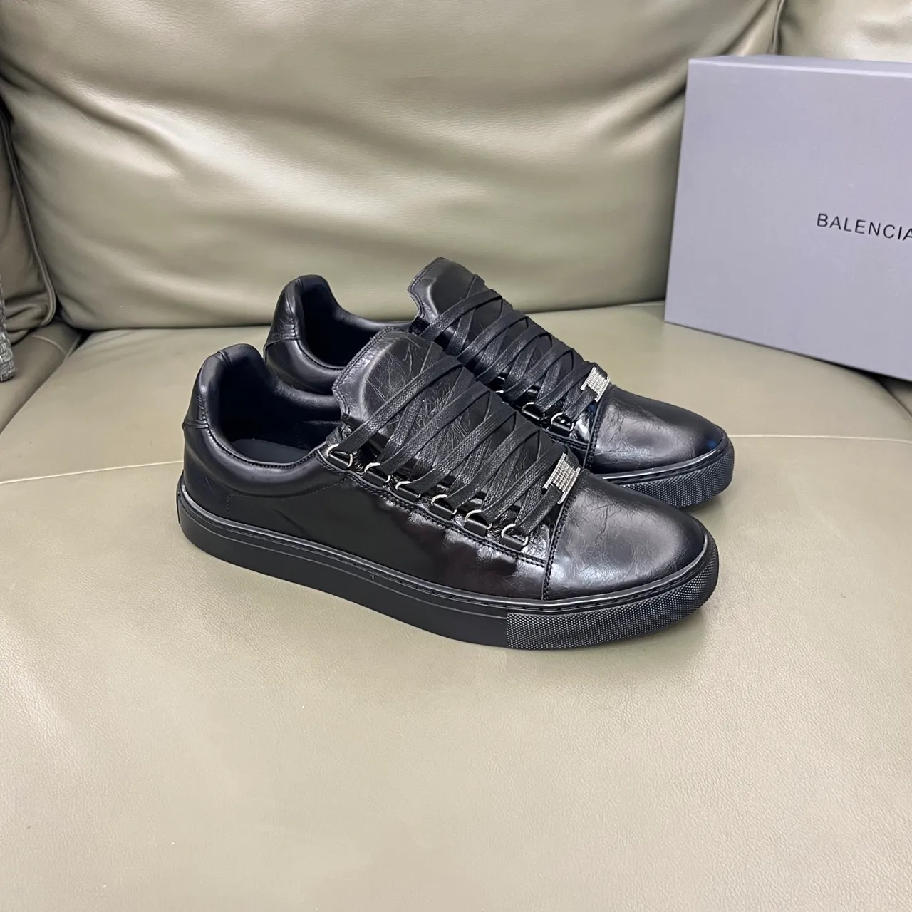 Balenciaga Black Crinkled Leather Wide Strap-Style Laces Lifestyle Sneakers