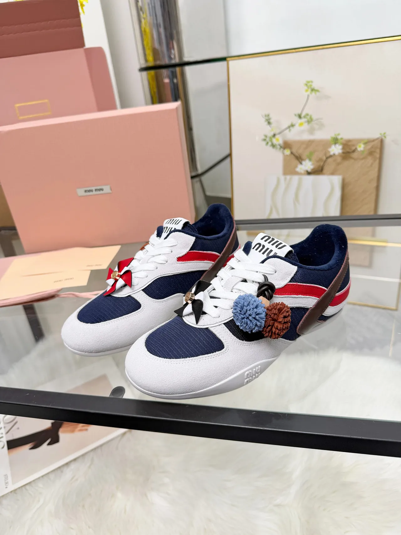Miu Miu Lifestyle Sneaker White Navy Low-Top Suede And Mesh Upper Lifestyle Sneakers