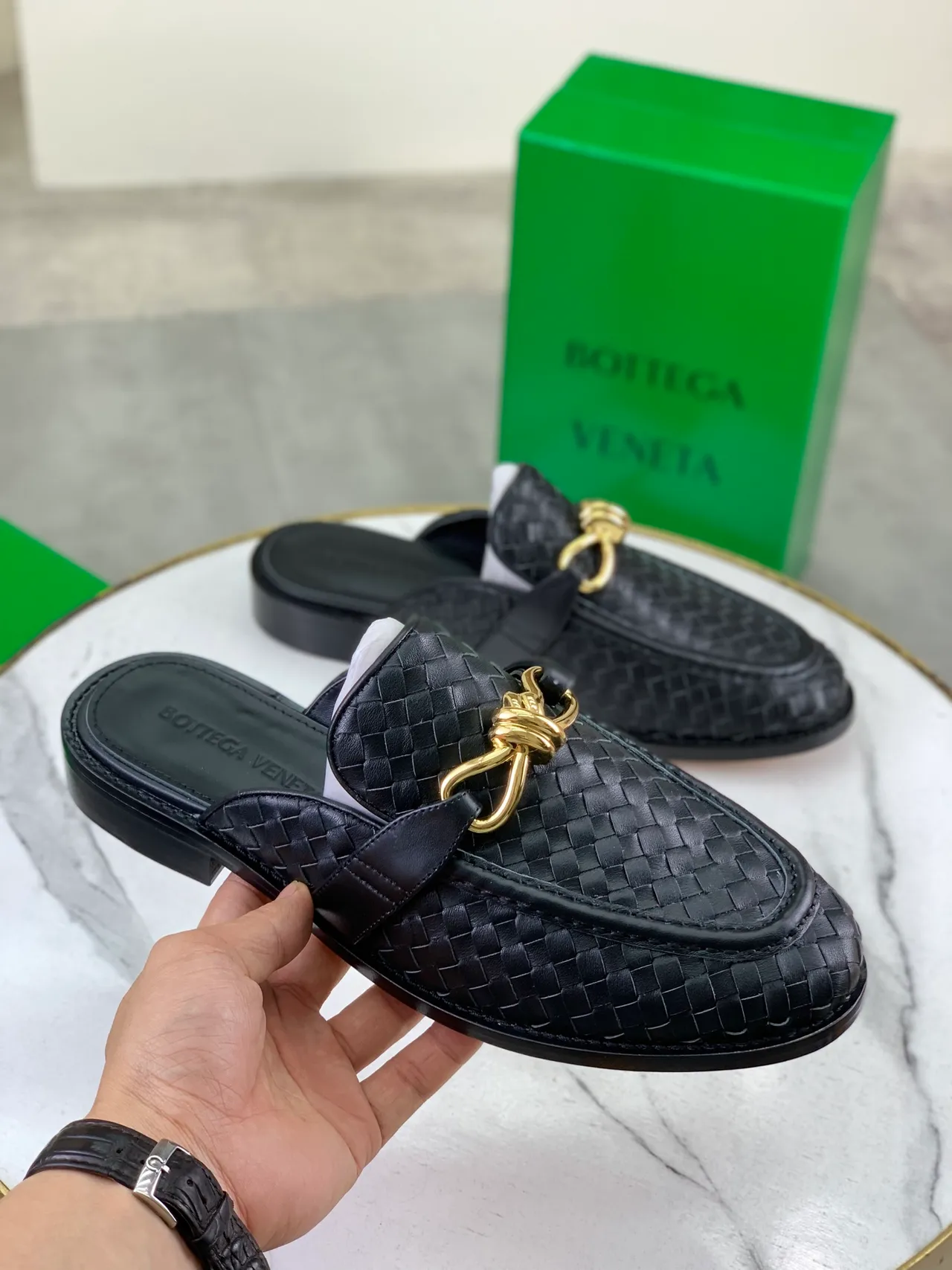Bottega Veneta Andiamo Black Intrecciato Woven Leather Gold Horsebit Loafers