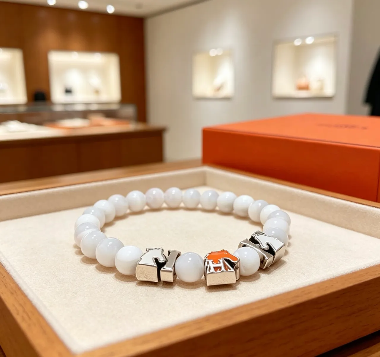Hermès White Orange Beaded Enamel-Charm Bracelet