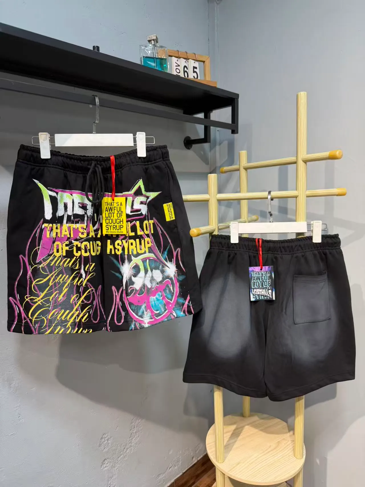 Black Graphic-Print Drawstring Waist Shorts