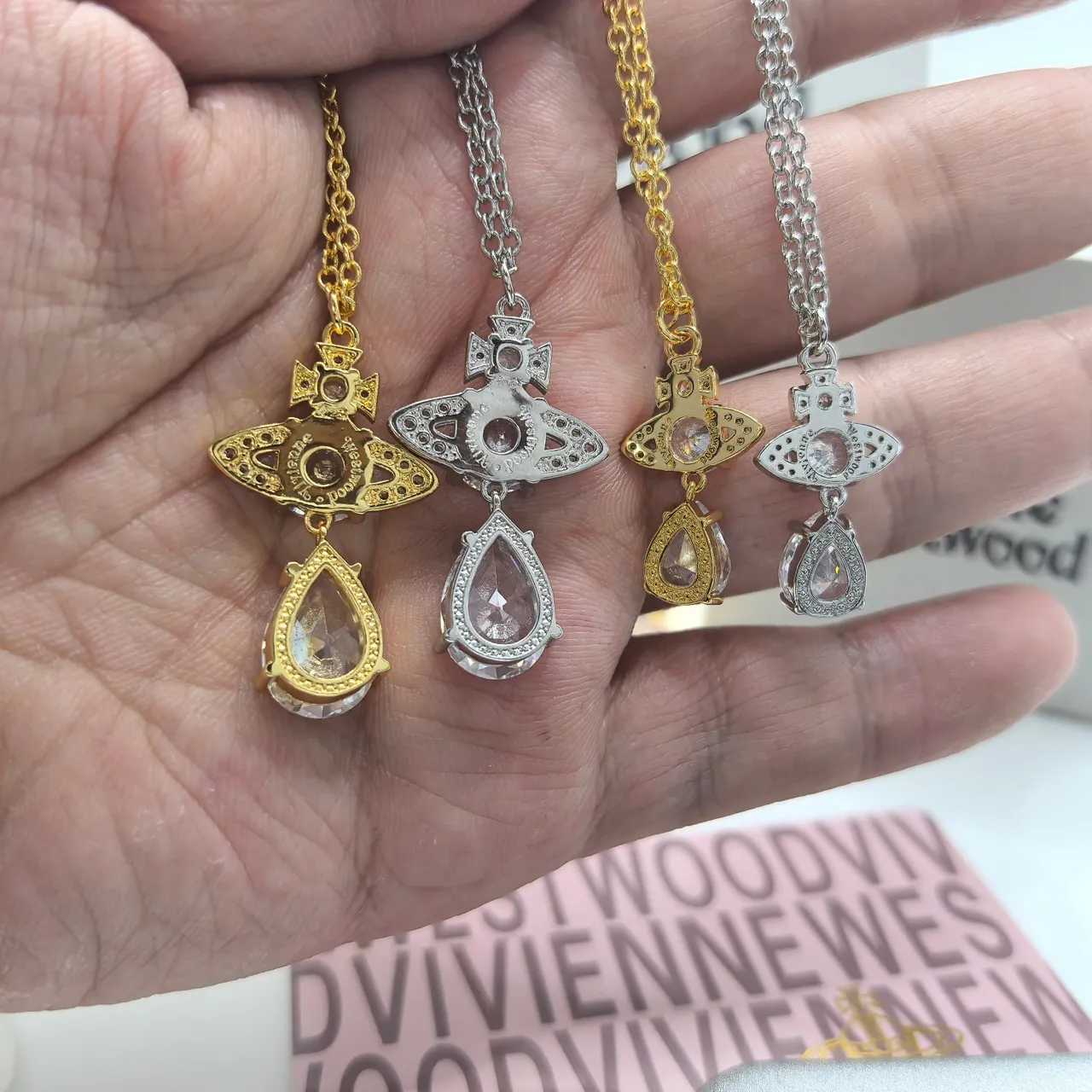 Vivienne Westwood Orb Pendant Necklace Gold Silver Motif Teardrop Crystal Dangle Necklace
