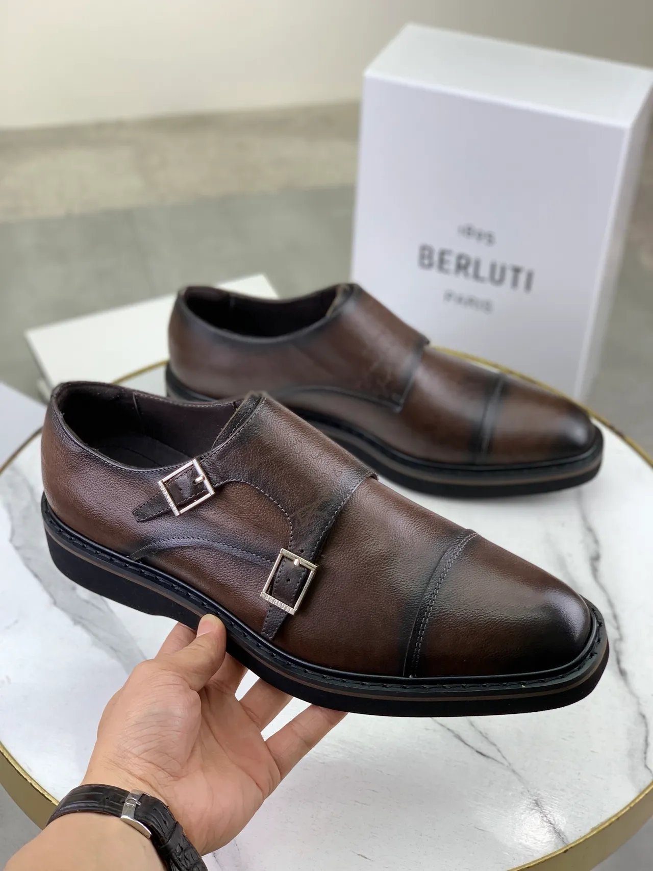 BERLUTI Double Monk Strap Cap Toe Brown Leather Monk Shoes