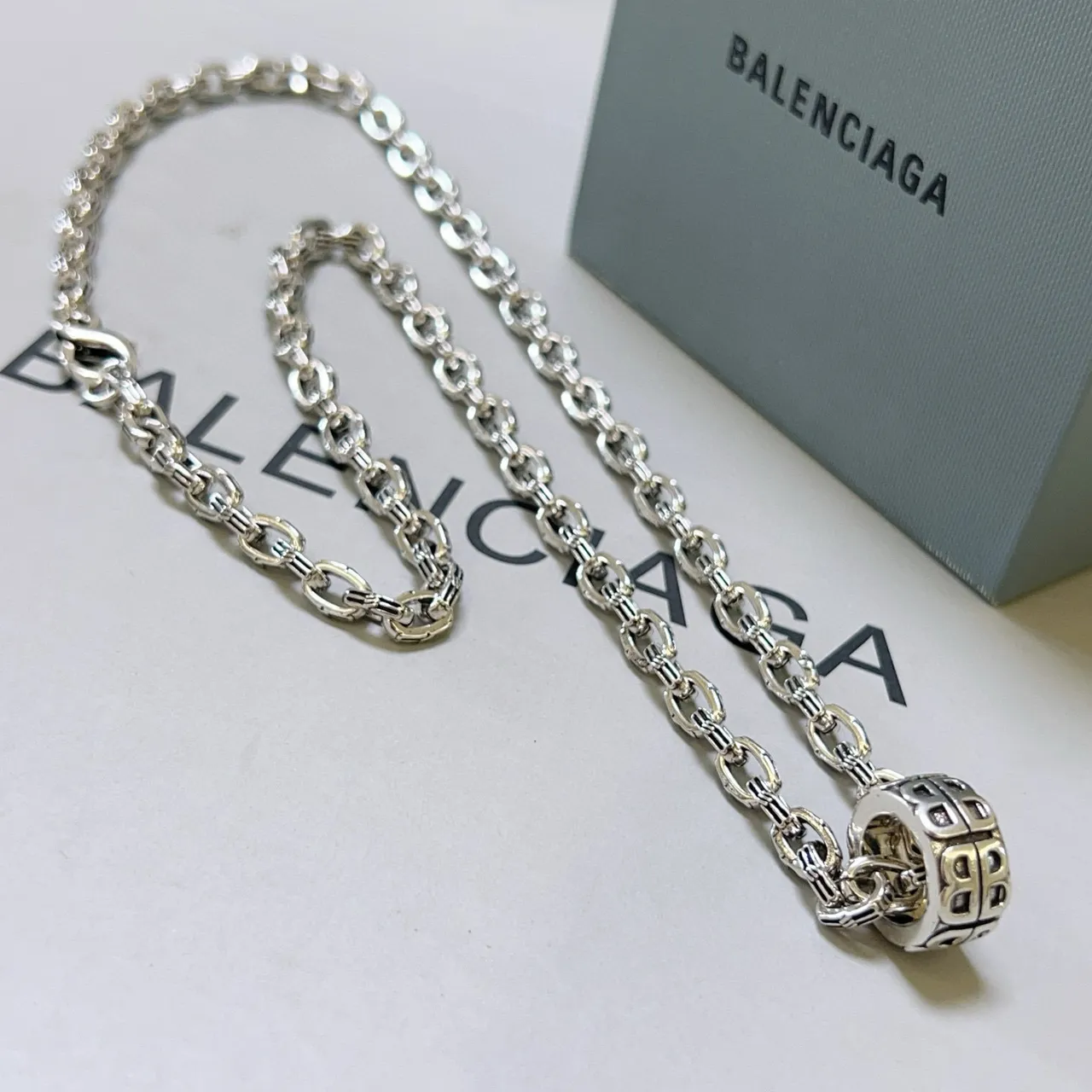 Balenciaga BB Motif Pendant Silver Chain Necklace