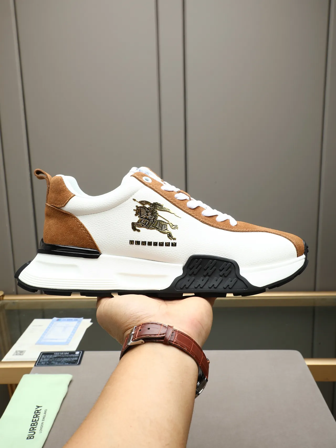 Burberry Knight White and Tan Two-Tone Chunky Sneakers