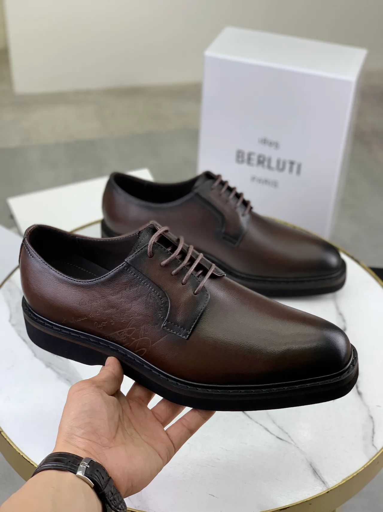 BERLUTI Brown Black Polished Leather Contrast Toe Cap And Sole Derby Shoes