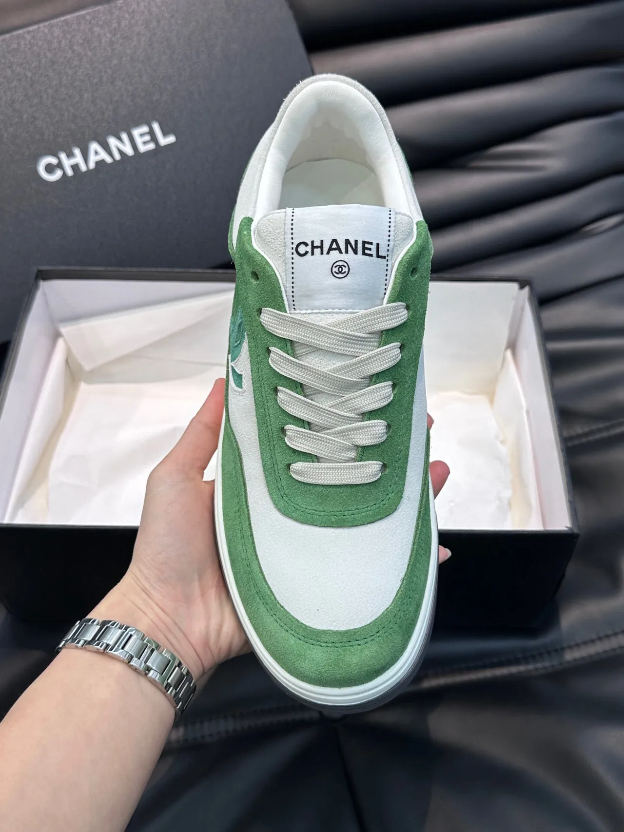 Chanel Lifestyle Sneaker Green White Low-Top Suede-and-Leather Panelled Lifestyle Sneakers