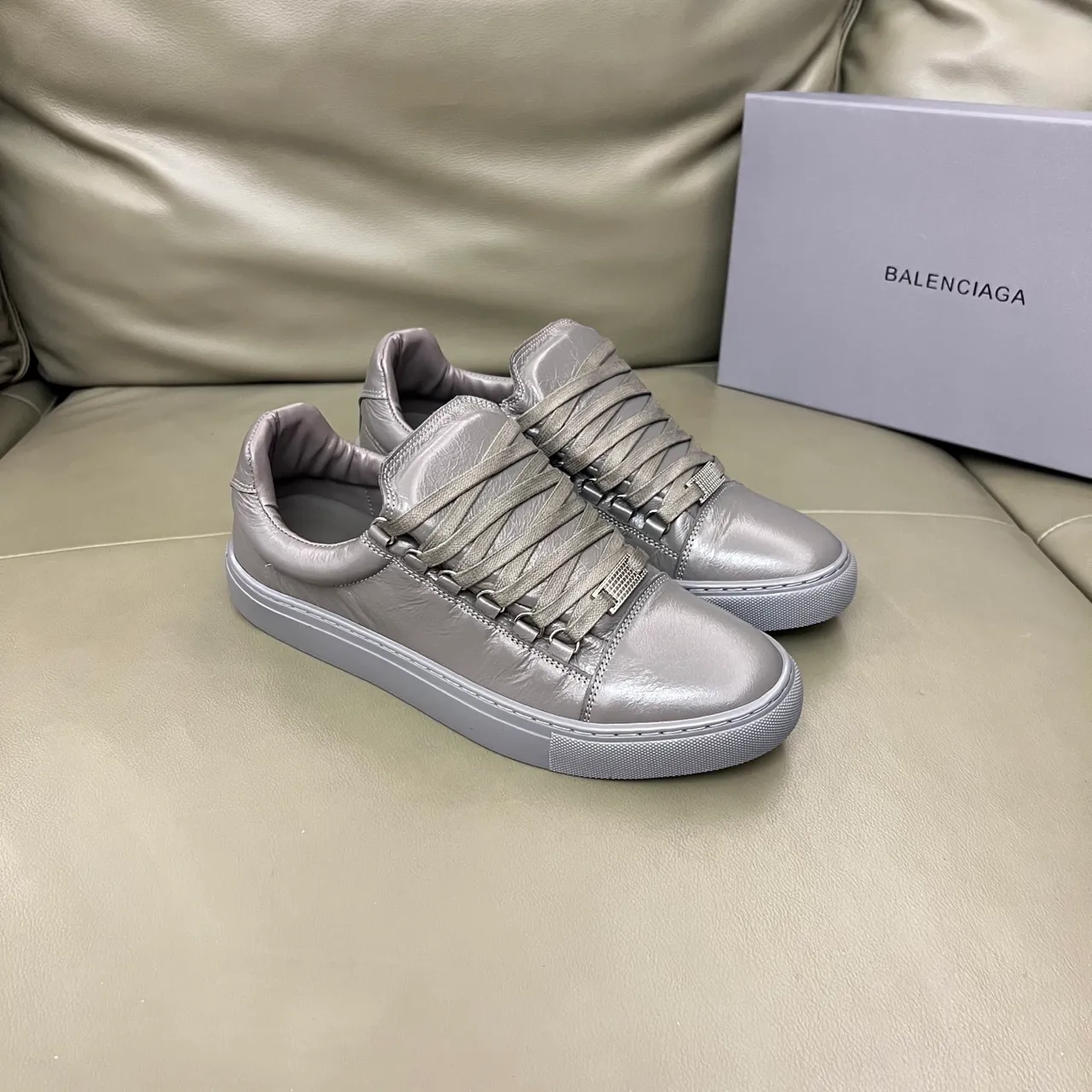 Balenciaga Silver Gray Metallic Leather Wide Flat Laces Lifestyle Sneakers