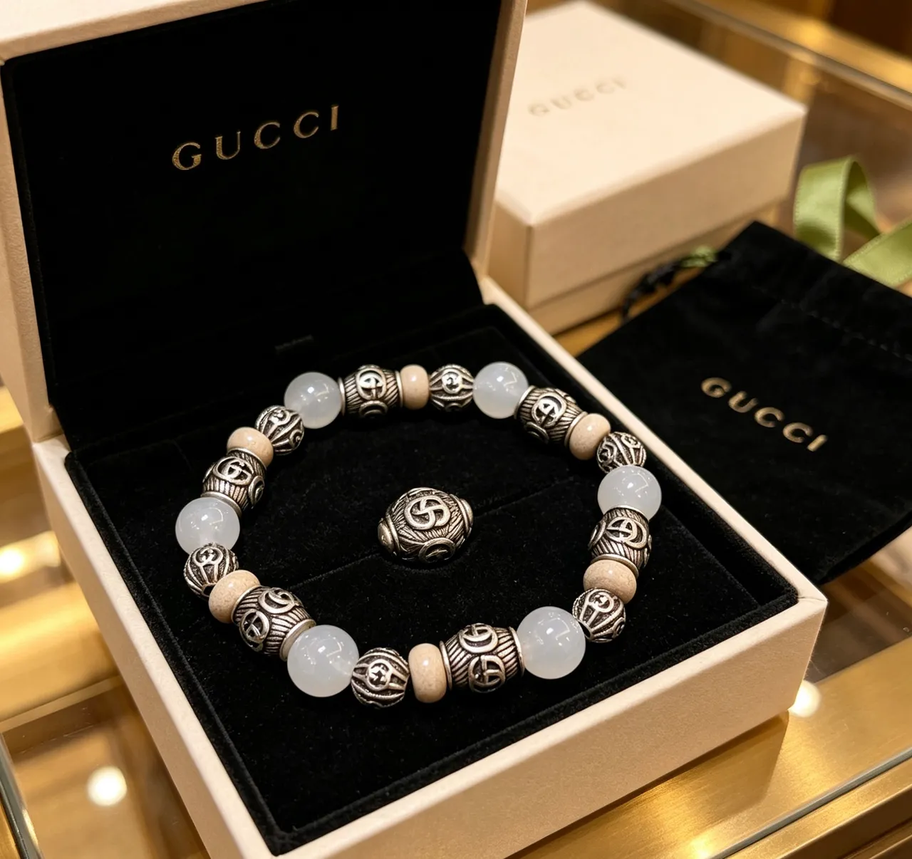 Gucci Beige Silver Beaded Ornate Metalwork Bracelet